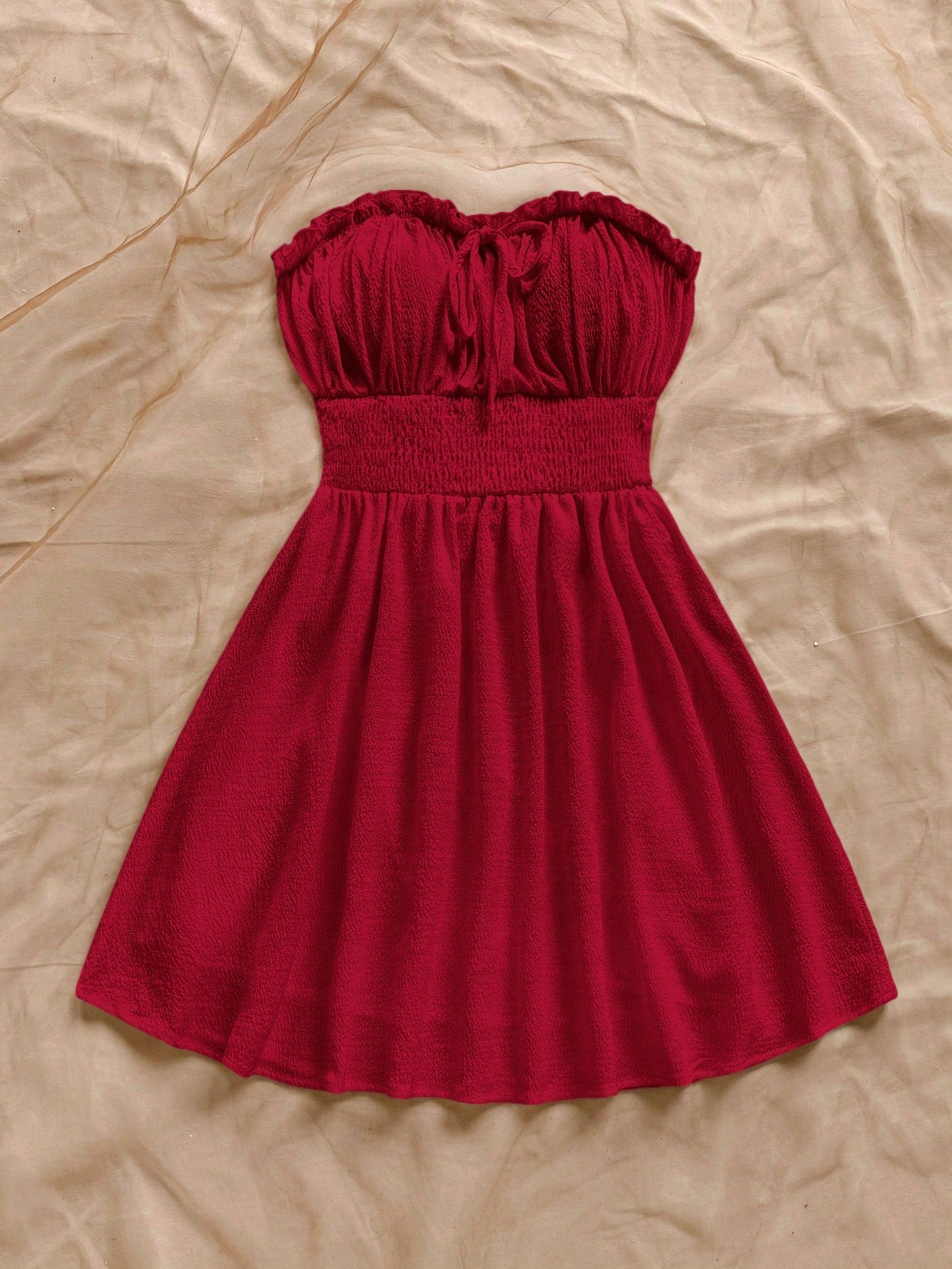 Soleia Women Summer Vacation Strapless Frill Trim Tie Waist Shirred