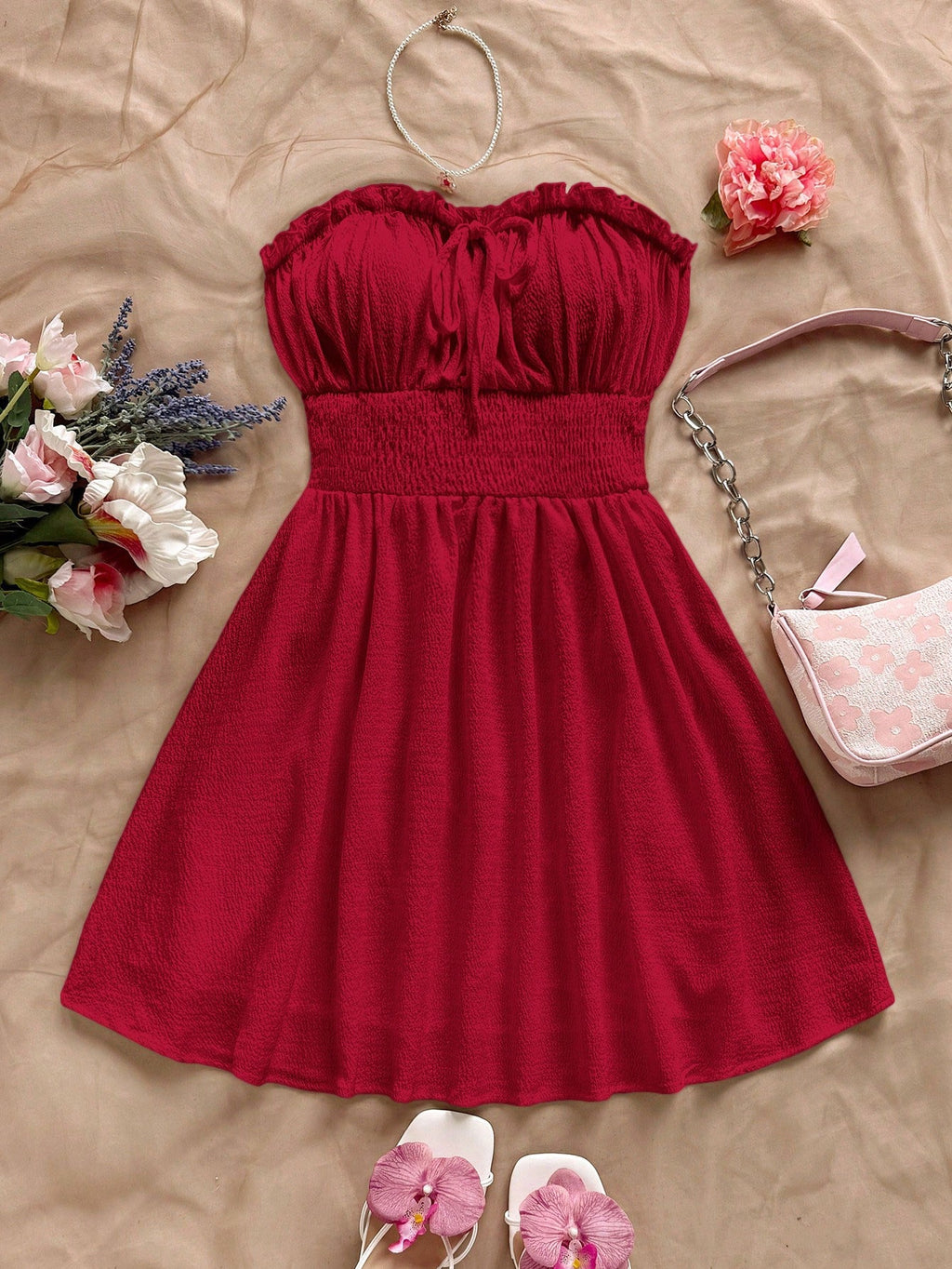 Soleia Women Summer Vacation Strapless Frill Trim Tie Waist Shirred