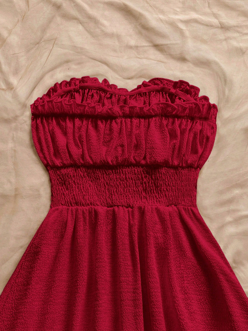 Soleia Women Summer Vacation Strapless Frill Trim Tie Waist Shirred