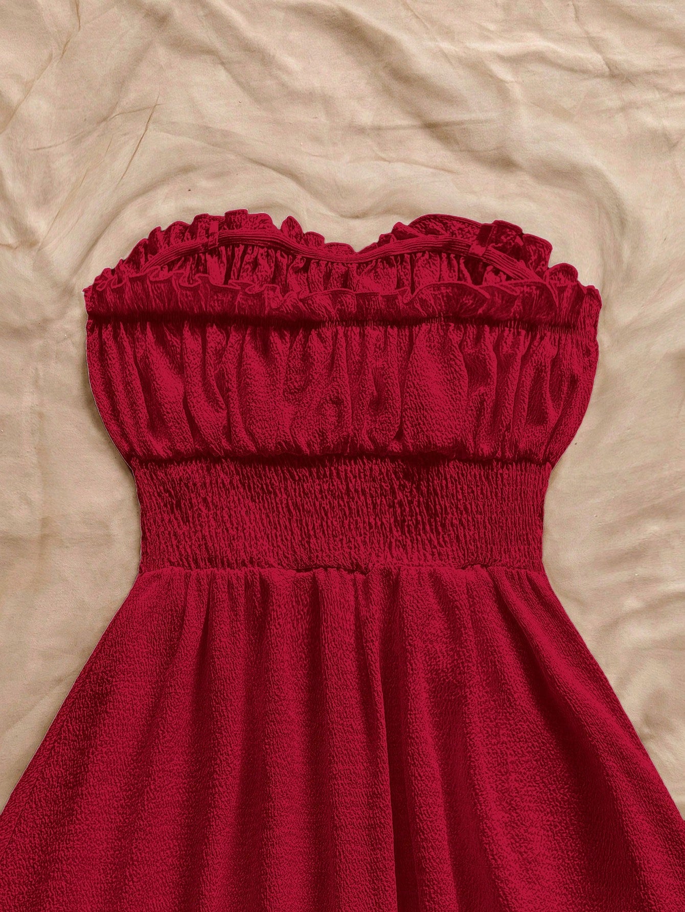 Soleia Women Summer Vacation Strapless Frill Trim Tie Waist Shirred