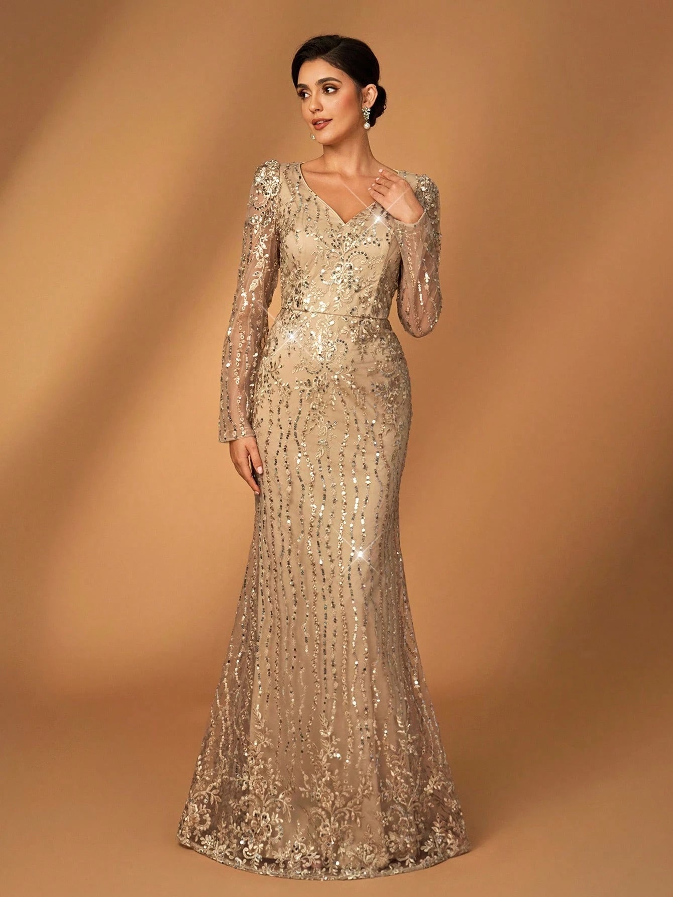 Serin Navy Blue V-Neck Luxury Sequin Lace Fishtail Dress, Suitable For Wedding, Events, Party, Banquet, Bride