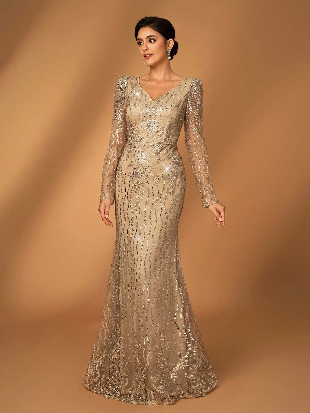 Serin Navy Blue V-Neck Luxury Sequin Lace Fishtail Dress, Suitable For Wedding, Events, Party, Banquet, Bride - image 4