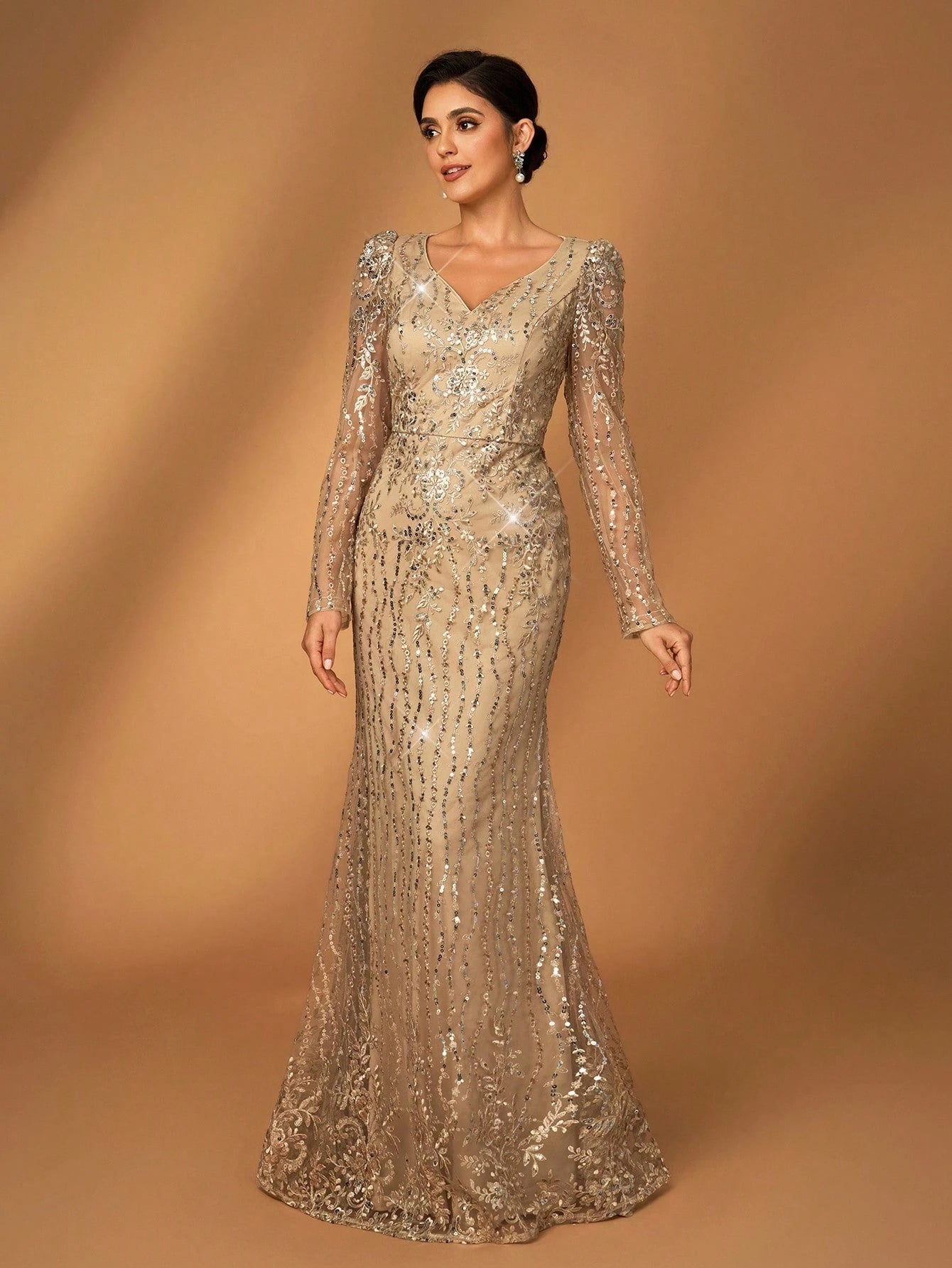 Serin Navy Blue V-Neck Luxury Sequin Lace Fishtail Dress, Suitable For Wedding, Events, Party, Banquet, Bride - image 4