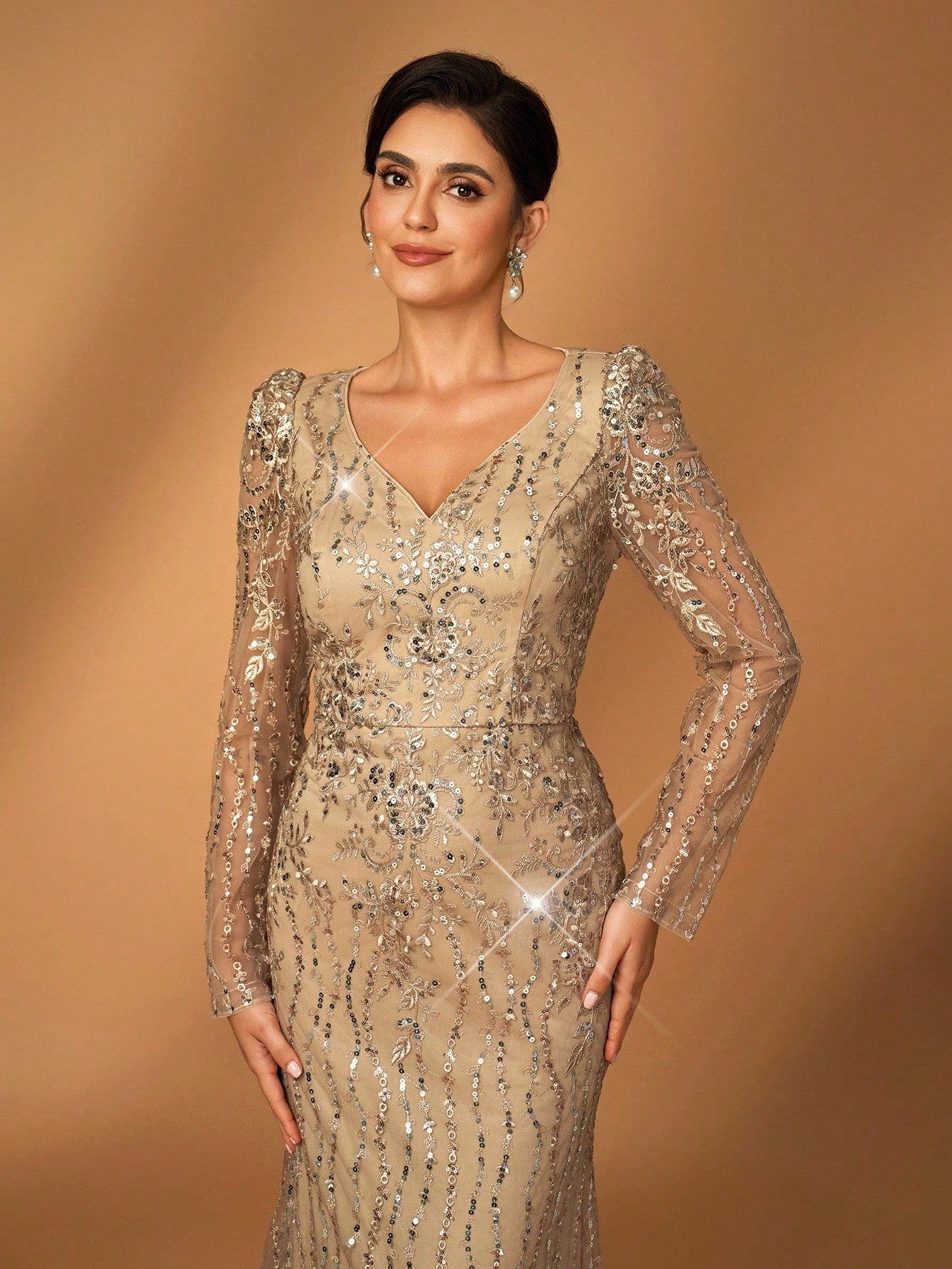 Serin Navy Blue V-Neck Luxury Sequin Lace Fishtail Dress, Suitable For Wedding, Events, Party, Banquet, Bride - image 6