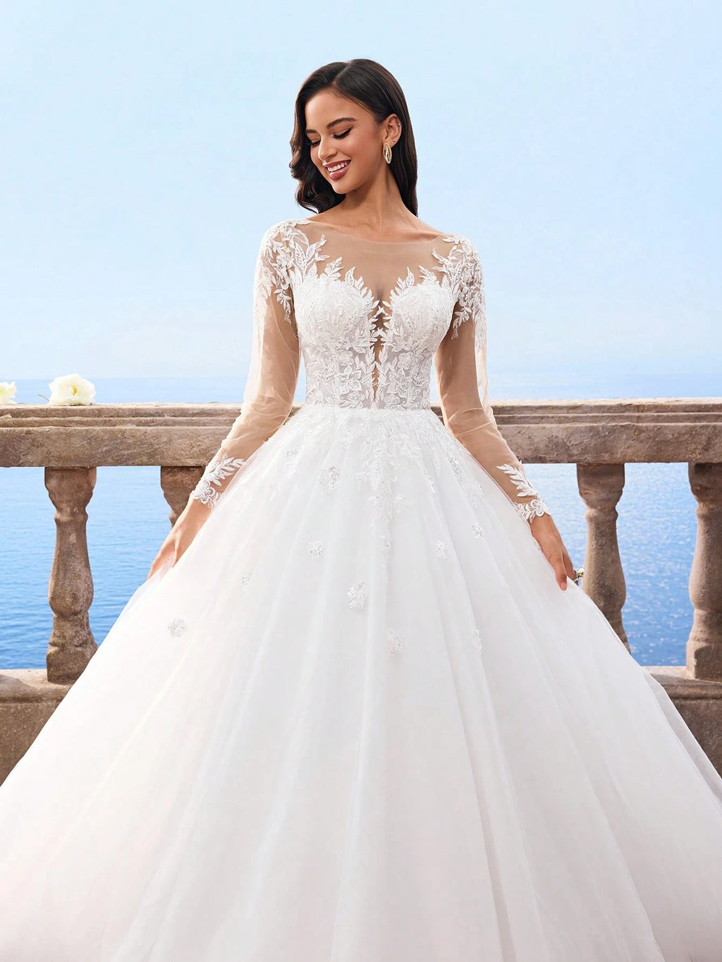 HEARBOBO Elegant Lace Patchwork White Lace Long Sleeve Dress, Mesh Bridal Wedding Gown - image 7