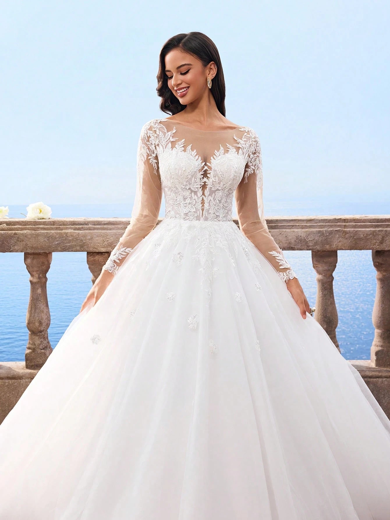 HEARBOBO Elegant Lace Patchwork White Lace Long Sleeve Dress, Mesh Bridal Wedding Gown - image 7