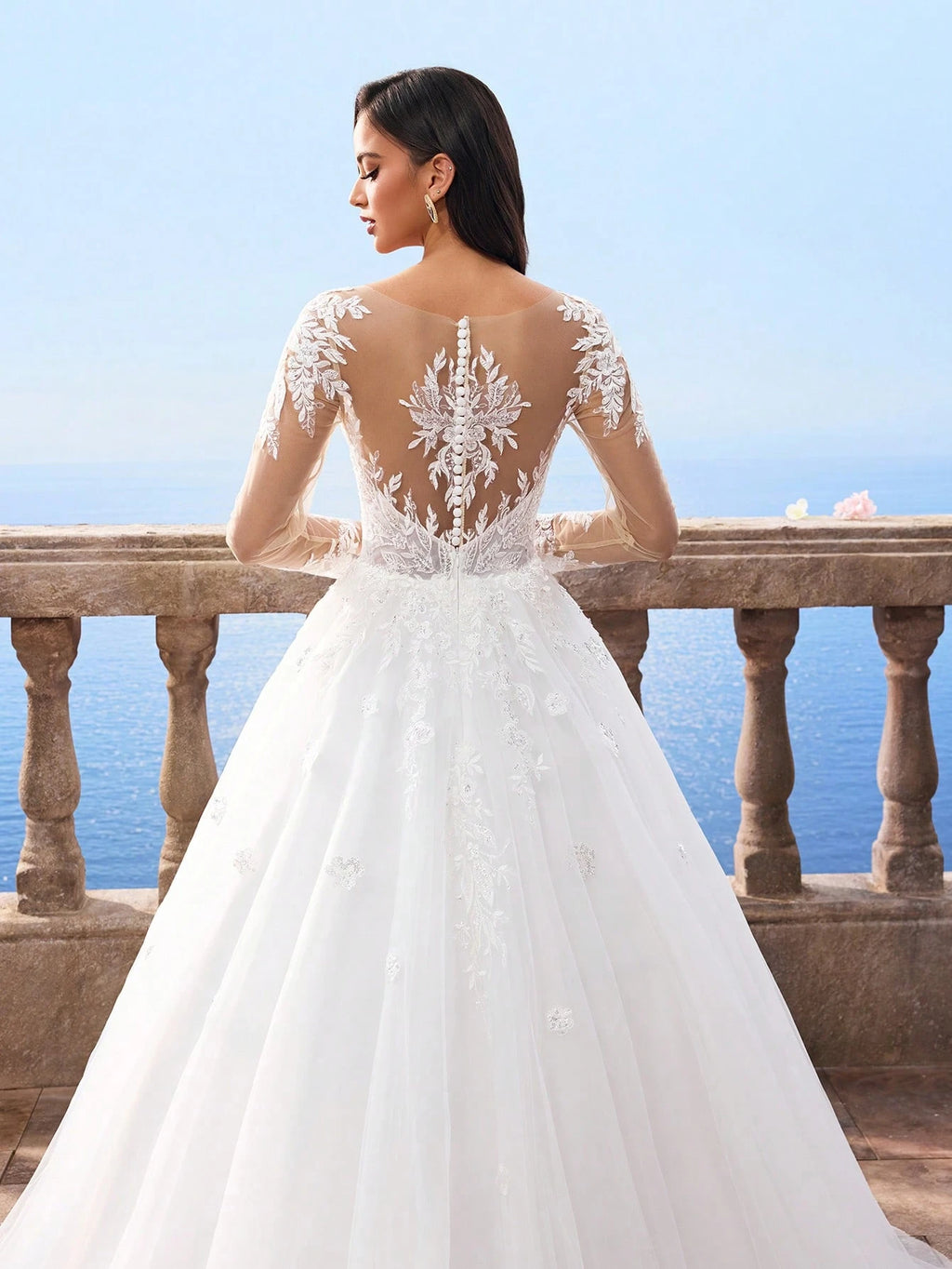 HEARBOBO Elegant Lace Patchwork White Lace Long Sleeve Dress, Mesh Bridal Wedding Gown - image 3