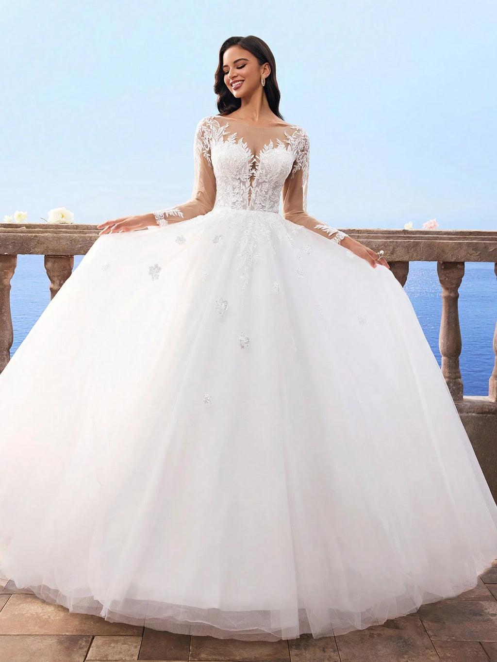 HEARBOBO Elegant Lace Patchwork White Lace Long Sleeve Dress, Mesh Bridal Wedding Gown - image 8