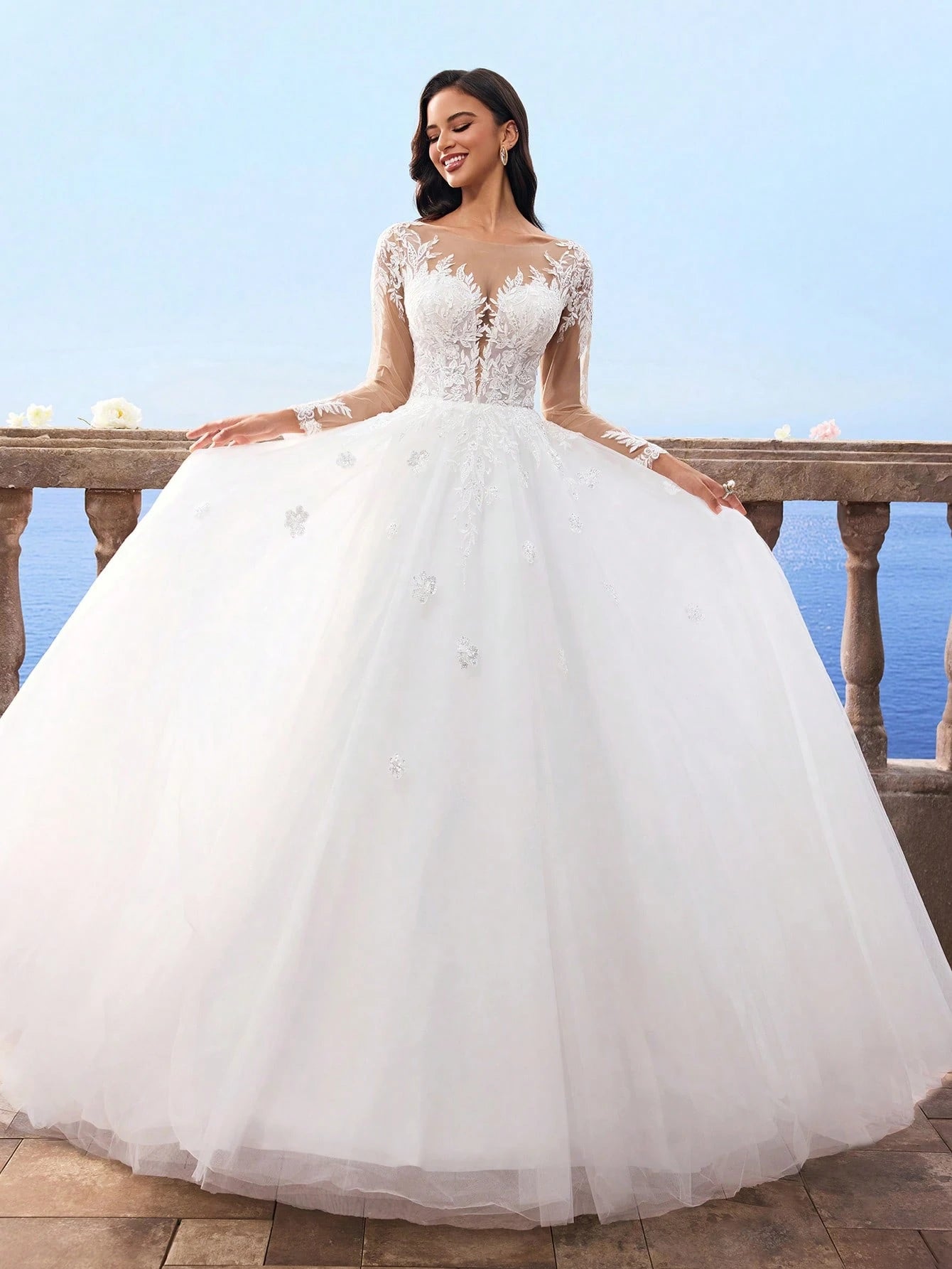 HEARBOBO Elegant Lace Patchwork White Lace Long Sleeve Dress, Mesh Bridal Wedding Gown - image 8