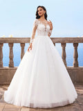 HEARBOBO Elegant Lace Patchwork White Lace Long Sleeve Dress, Mesh Bridal Wedding Gown