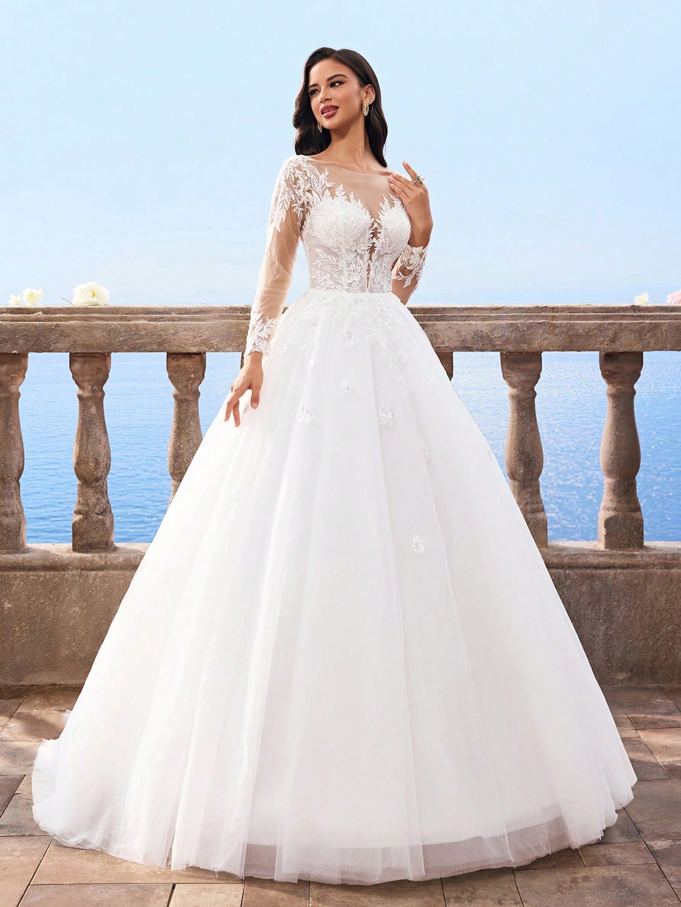 HEARBOBO Elegant Lace Patchwork White Lace Long Sleeve Dress, Mesh Bridal Wedding Gown