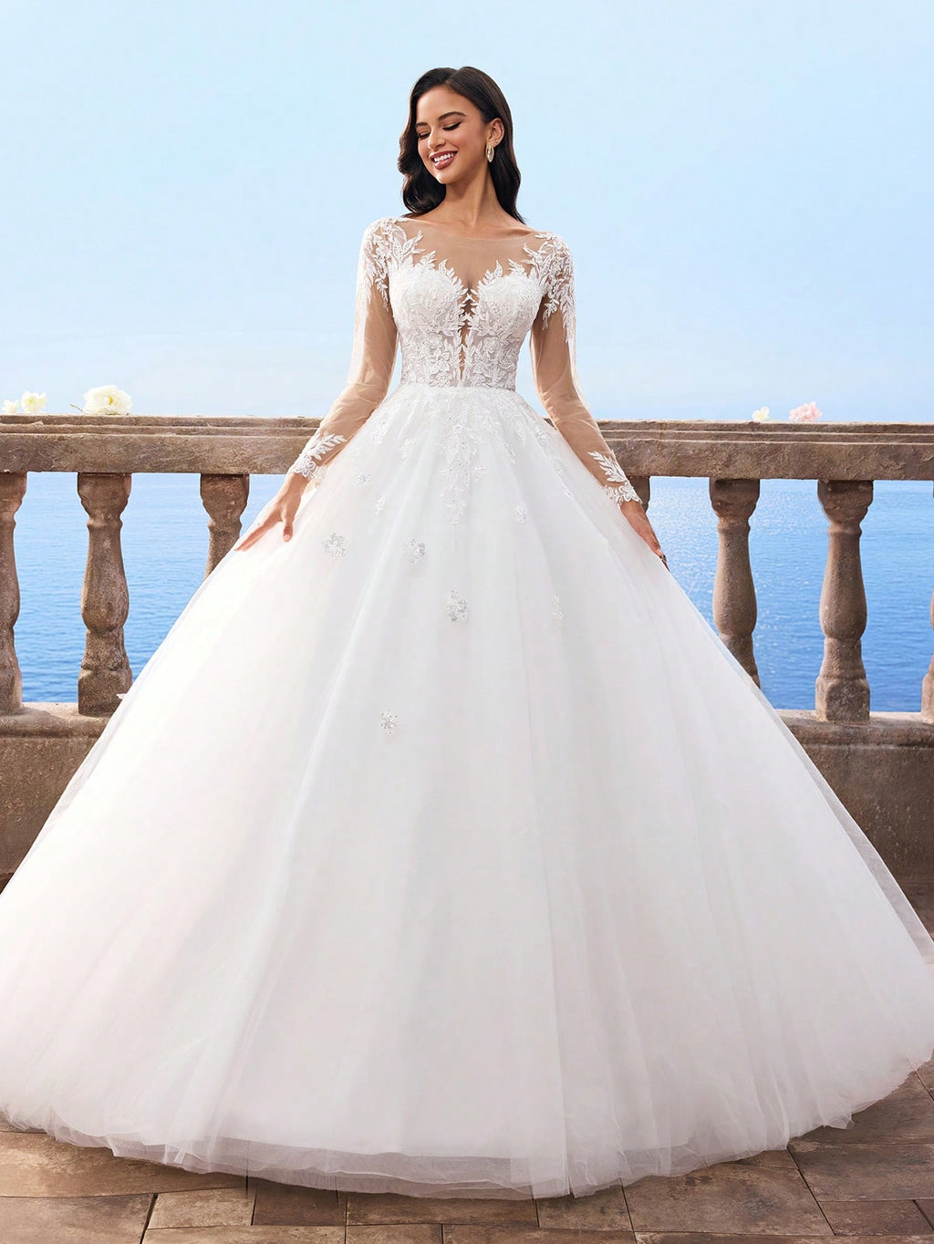 HEARBOBO Elegant Lace Patchwork White Lace Long Sleeve Dress, Mesh Bridal Wedding Gown - image 4