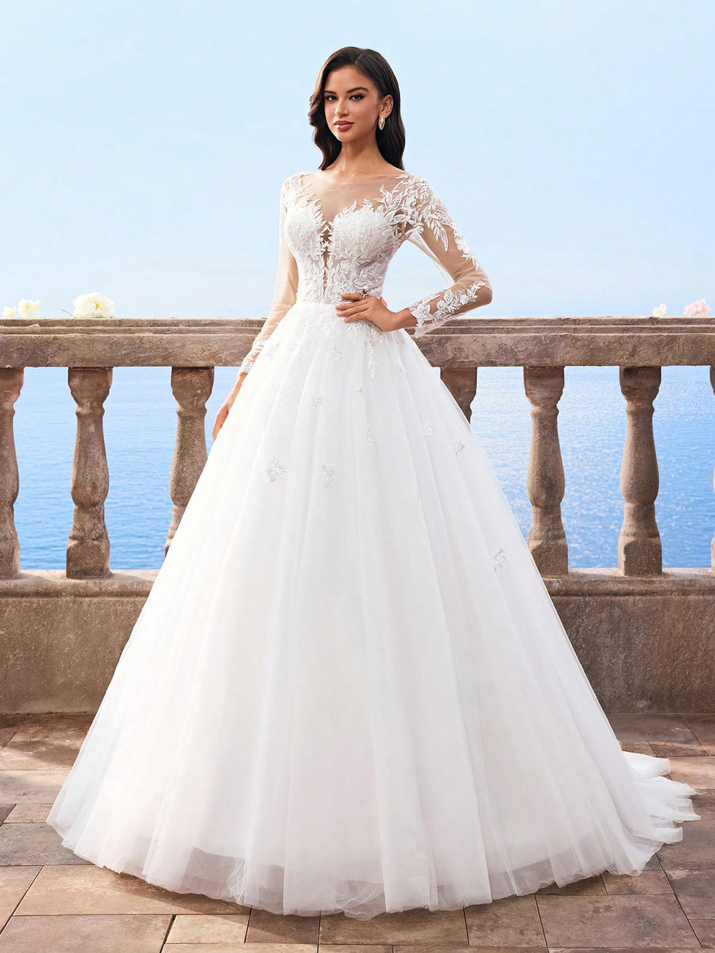 HEARBOBO Elegant Lace Patchwork White Lace Long Sleeve Dress, Mesh Bridal Wedding Gown - image 6