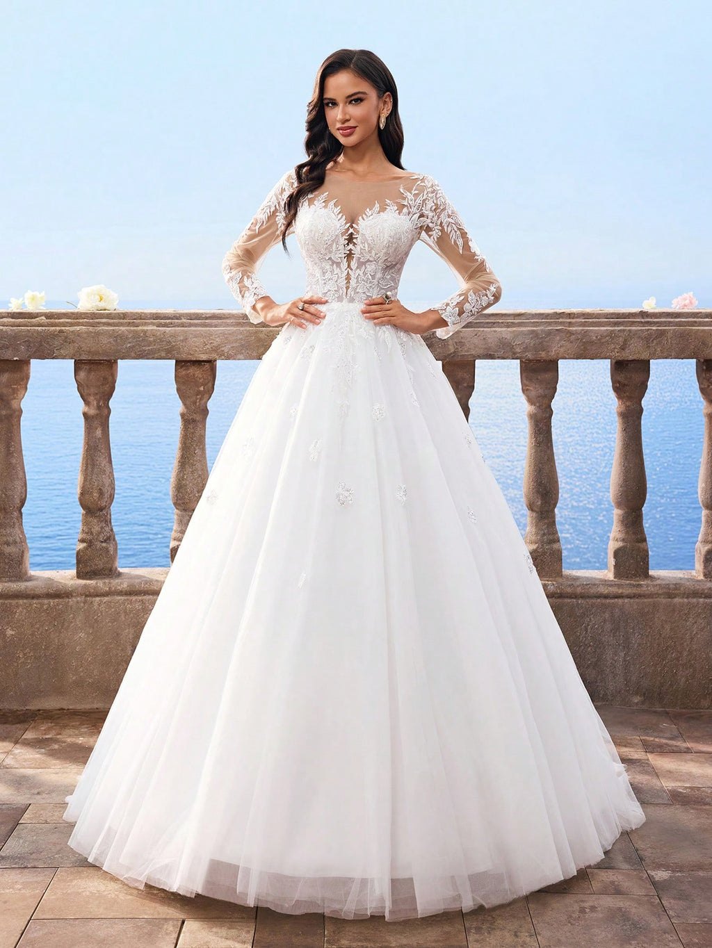 HEARBOBO Elegant Lace Patchwork White Lace Long Sleeve Dress, Mesh Bridal Wedding Gown - image 5