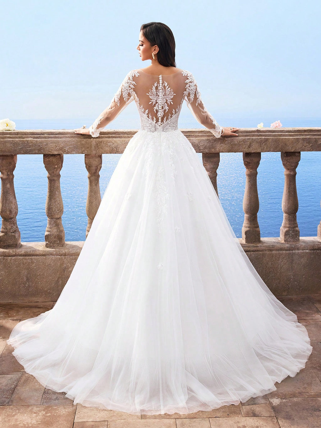 HEARBOBO Elegant Lace Patchwork White Lace Long Sleeve Dress, Mesh Bridal Wedding Gown - image 2