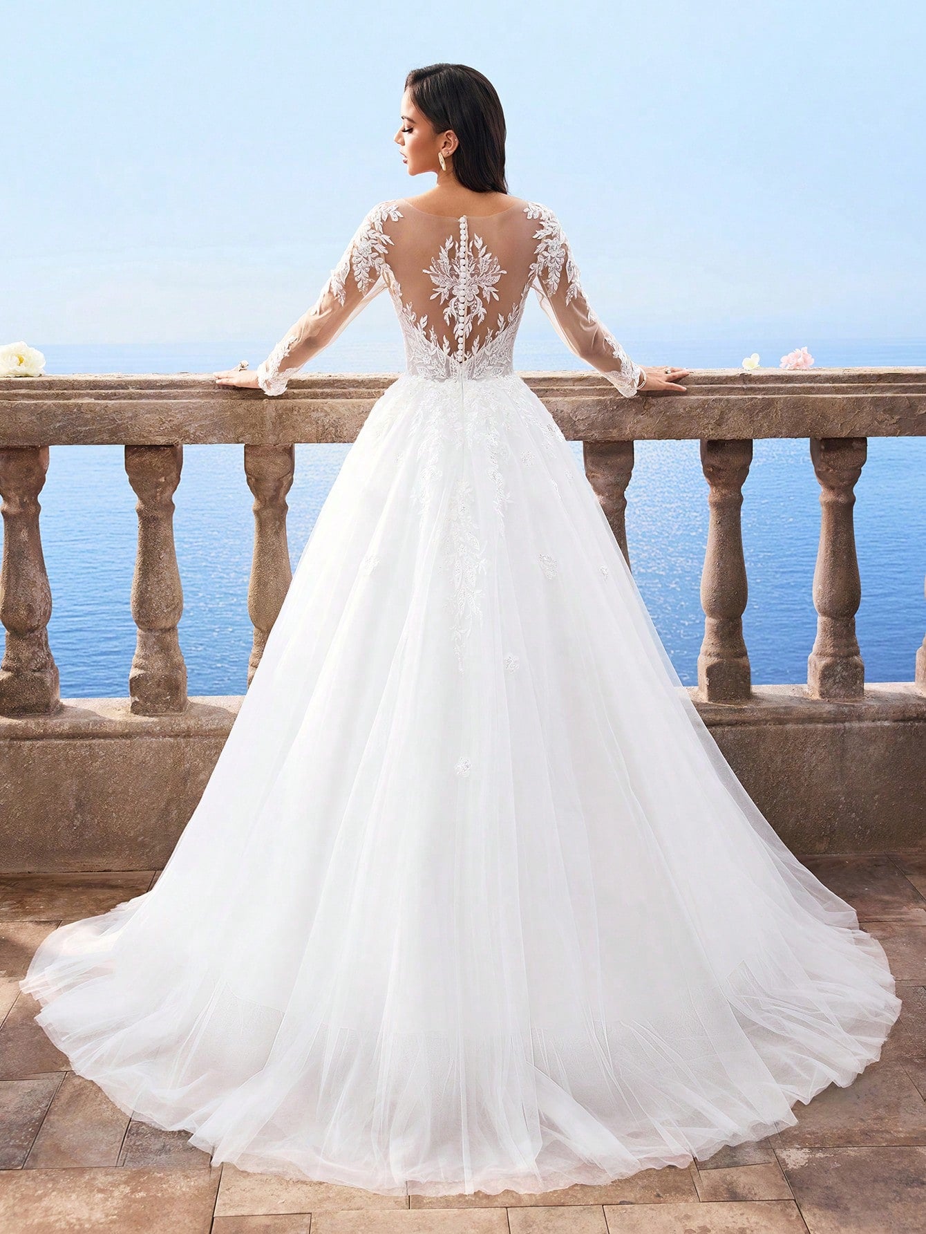 HEARBOBO Elegant Lace Patchwork White Lace Long Sleeve Dress, Mesh Bridal Wedding Gown - image 2