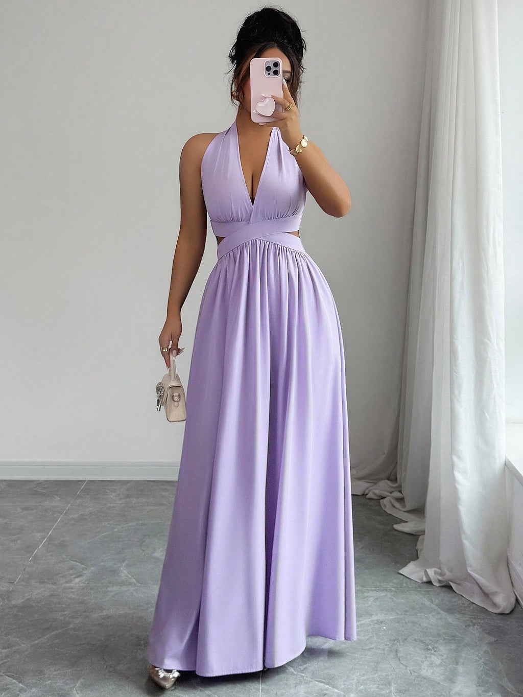 Rafferiza Women's Lilac Purple Elegant Party Dress,Summer V-Neck Halter Waist Hollow Design Pleated Maxi - image 10