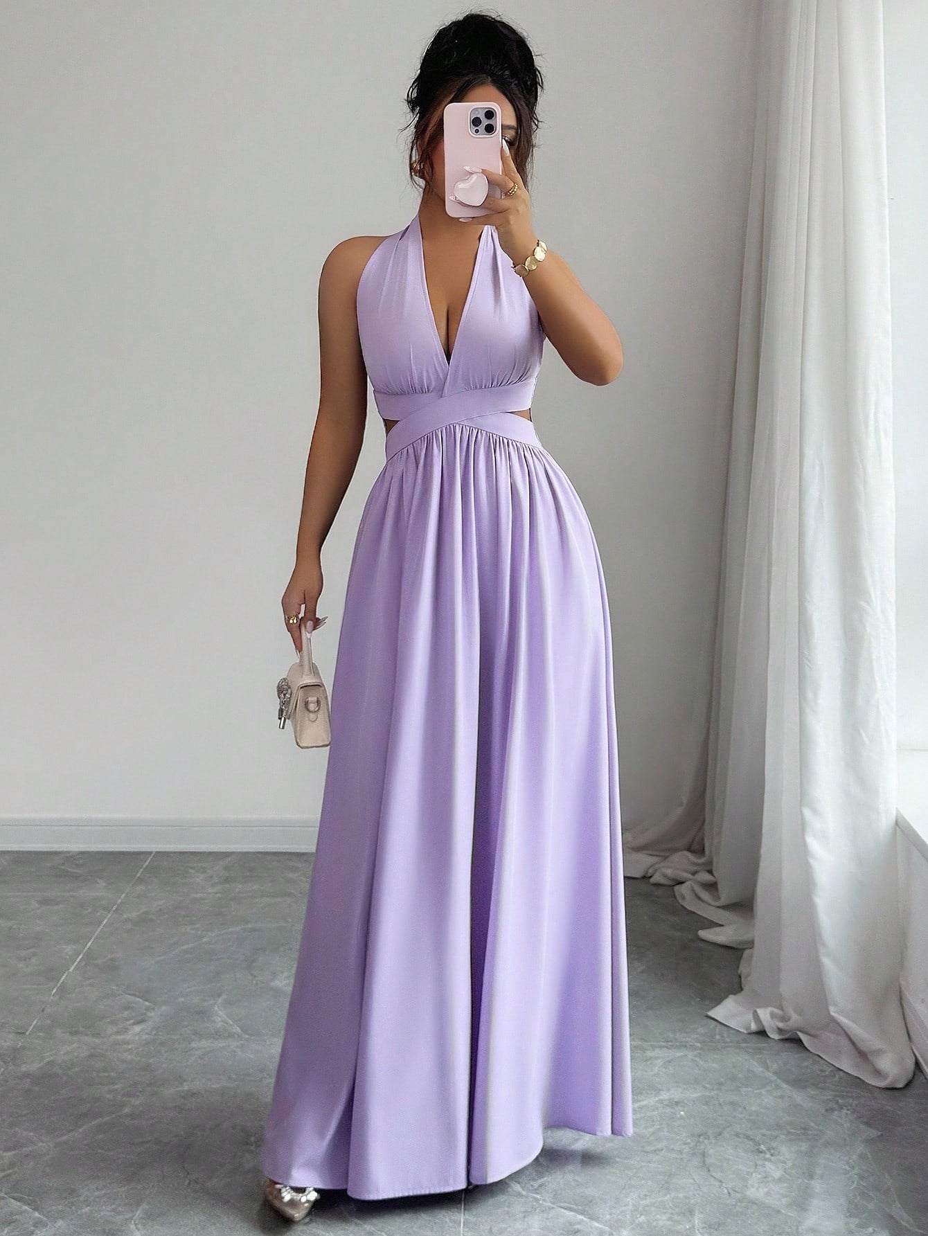 Rafferiza Women's Lilac Purple Elegant Party Dress,Summer V-Neck Halter Waist Hollow Design Pleated Maxi - image 10
