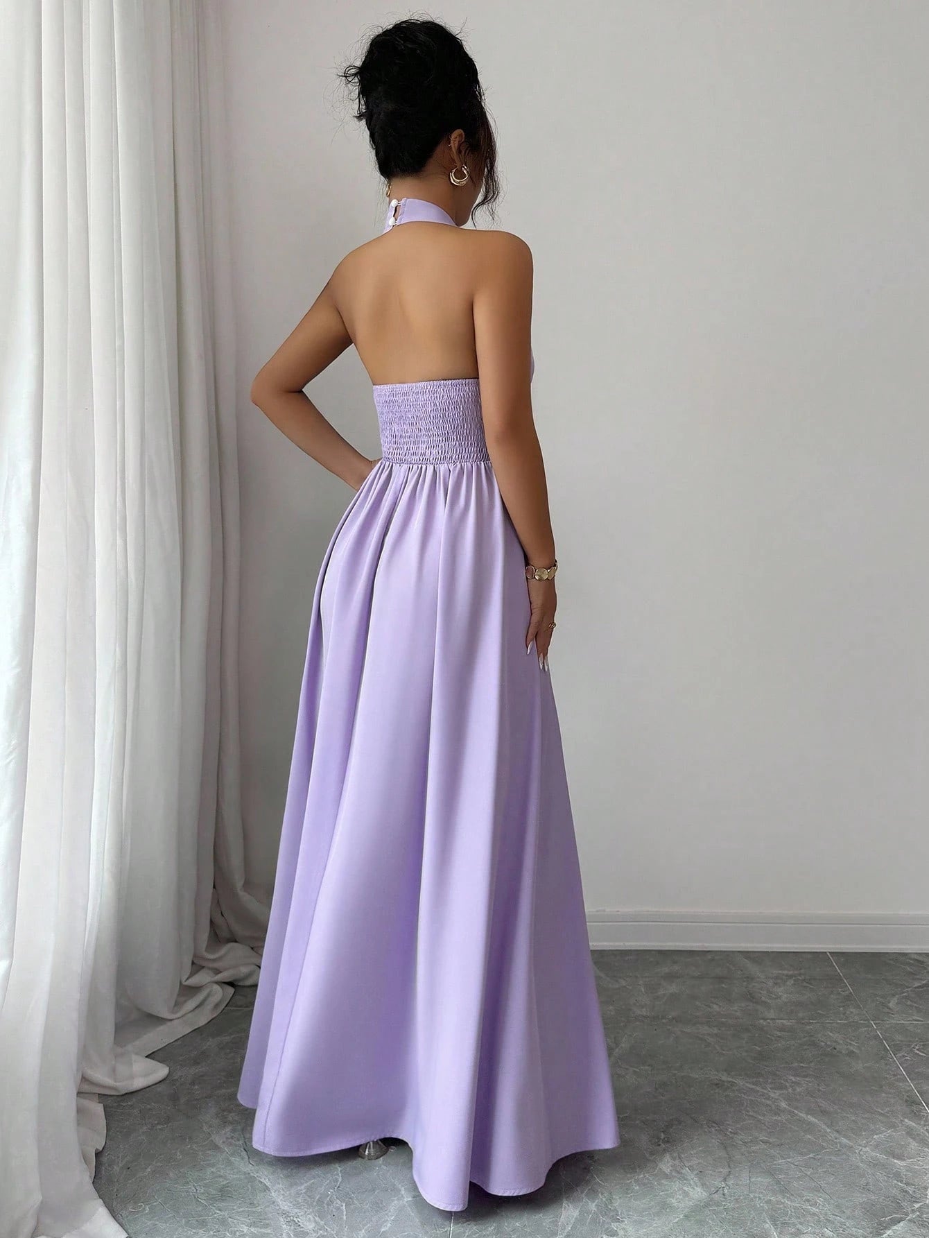 Rafferiza Women's Lilac Purple Elegant Party Dress,Summer V-Neck Halter Waist Hollow Design Pleated Maxi - image 9