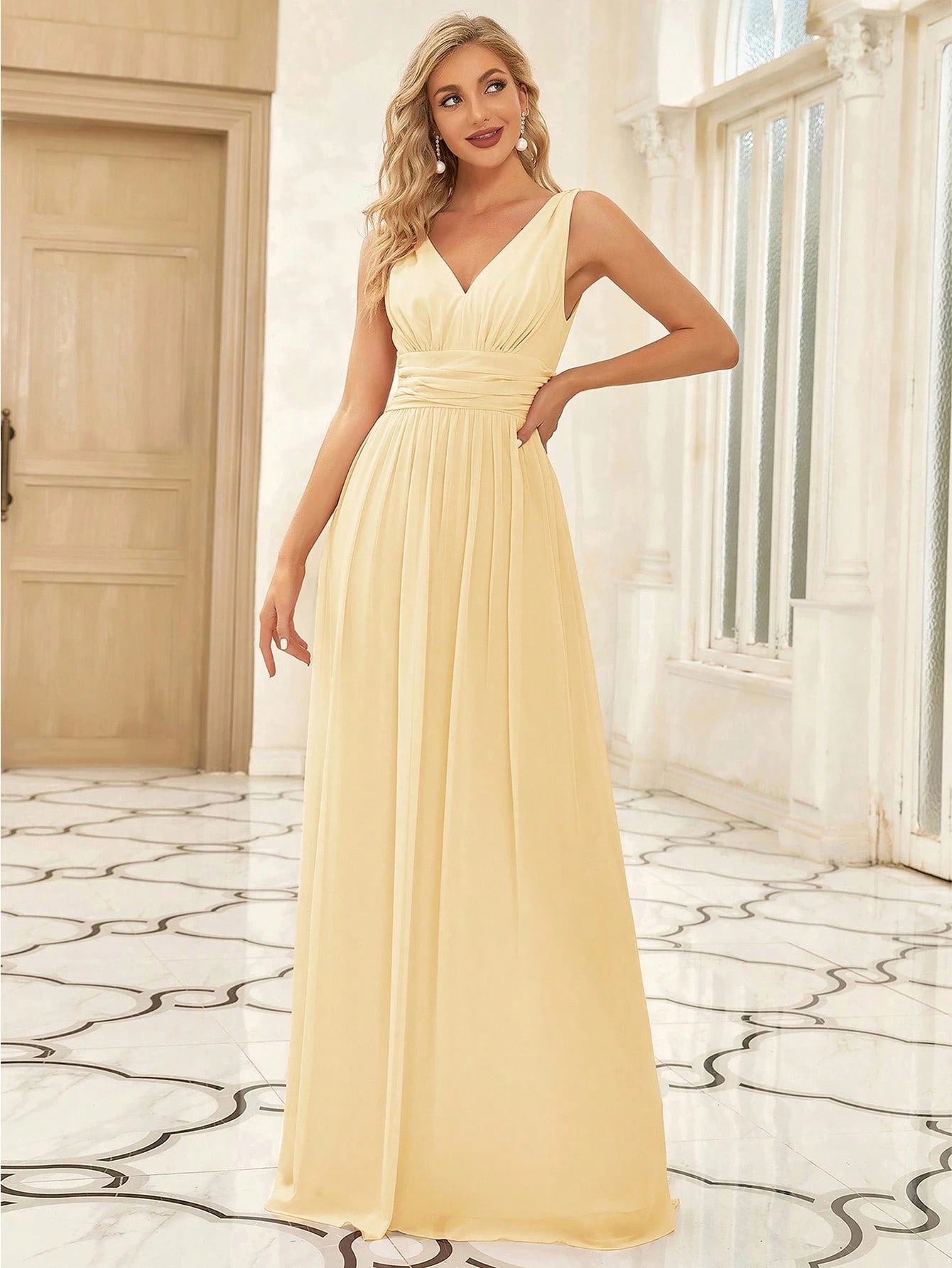 Elegant Chiffon V-Neck Sleeveless Ruched Long Black Bridesmaid Dress,