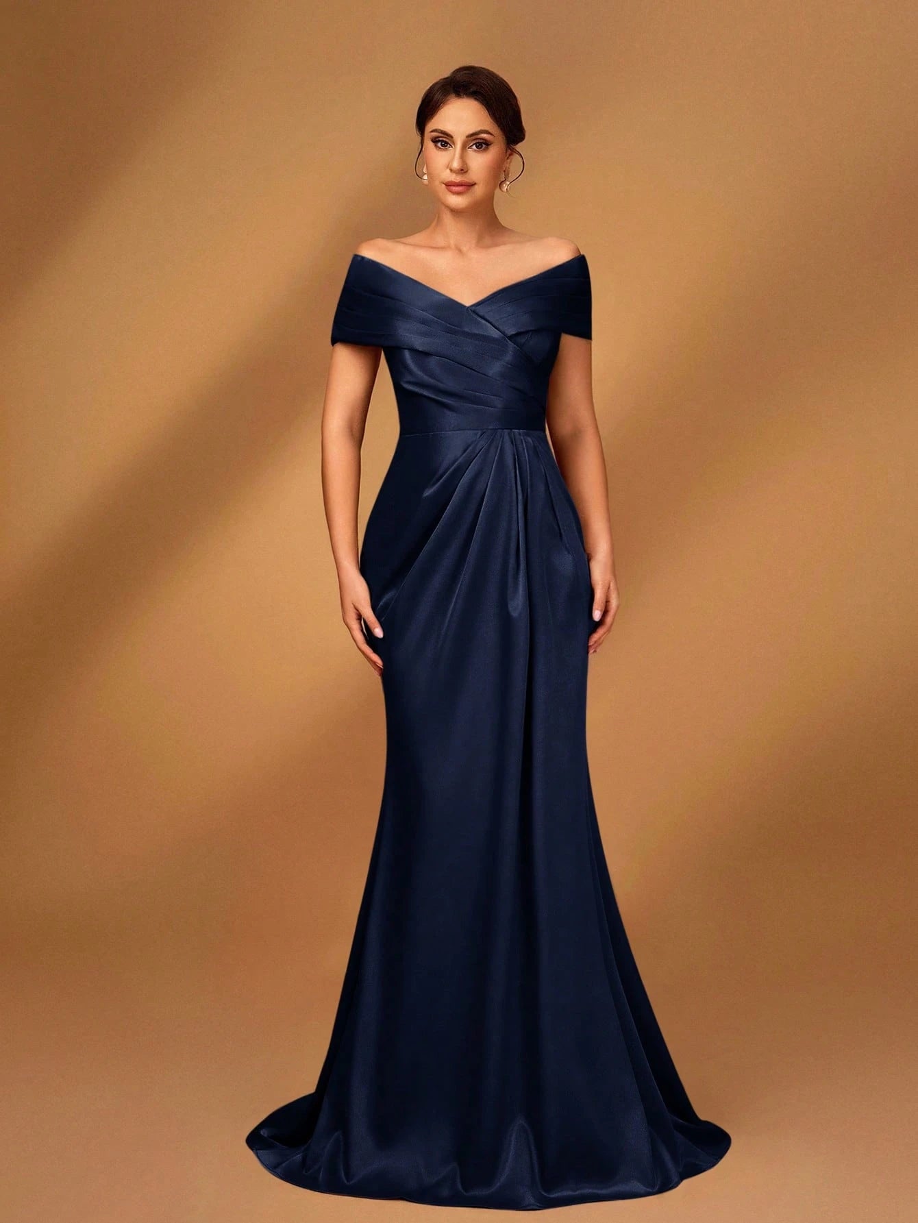 Serin Elegant Brown Winter Formal Evening Wedding Dress,Satin Off-Shoulder Criss-Cross Ruffled Mini Fishtail - image 8
