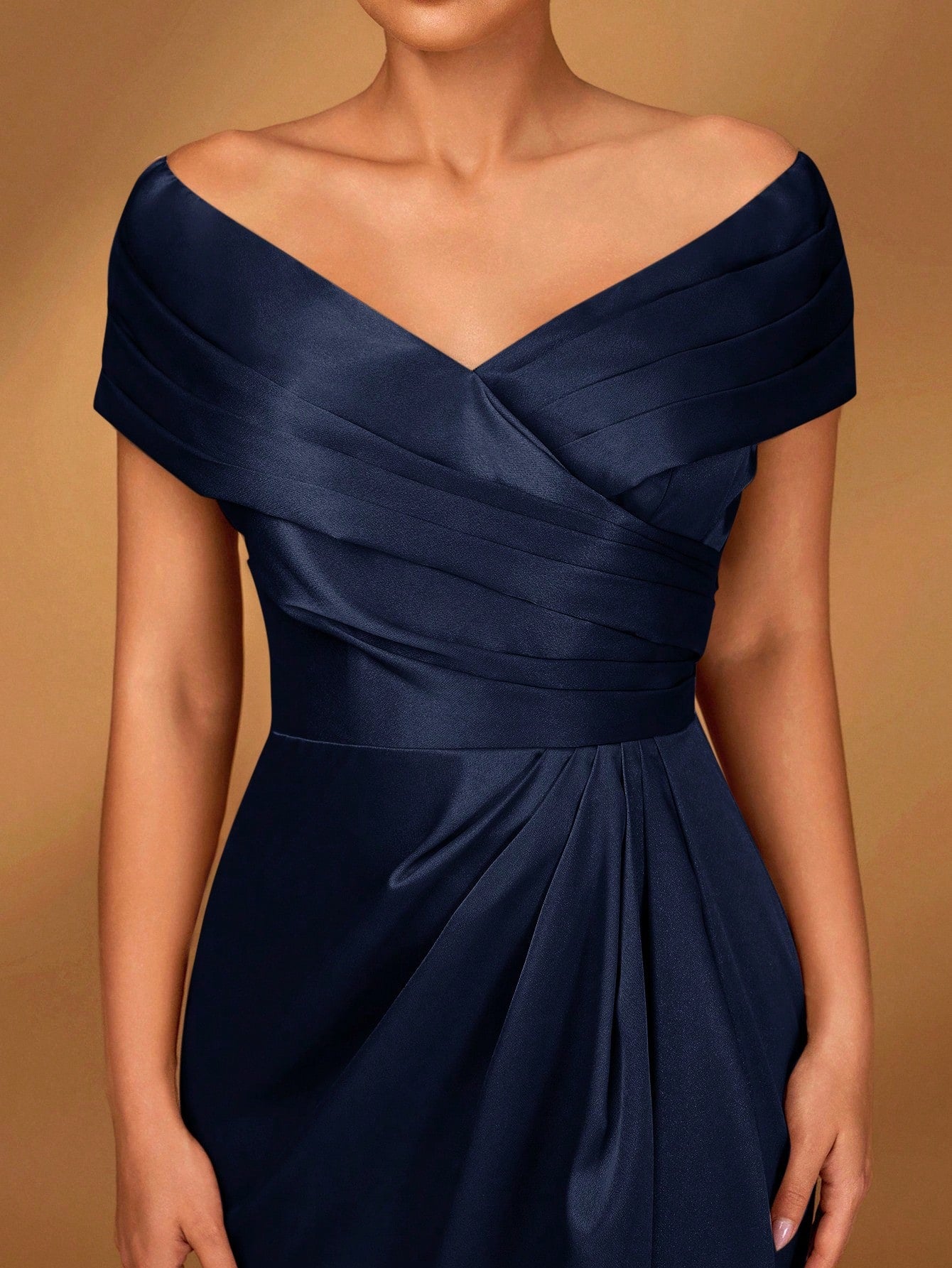 Serin Elegant Brown Winter Formal Evening Wedding Dress,Satin Off-Shoulder Criss-Cross Ruffled Mini Fishtail - image 9