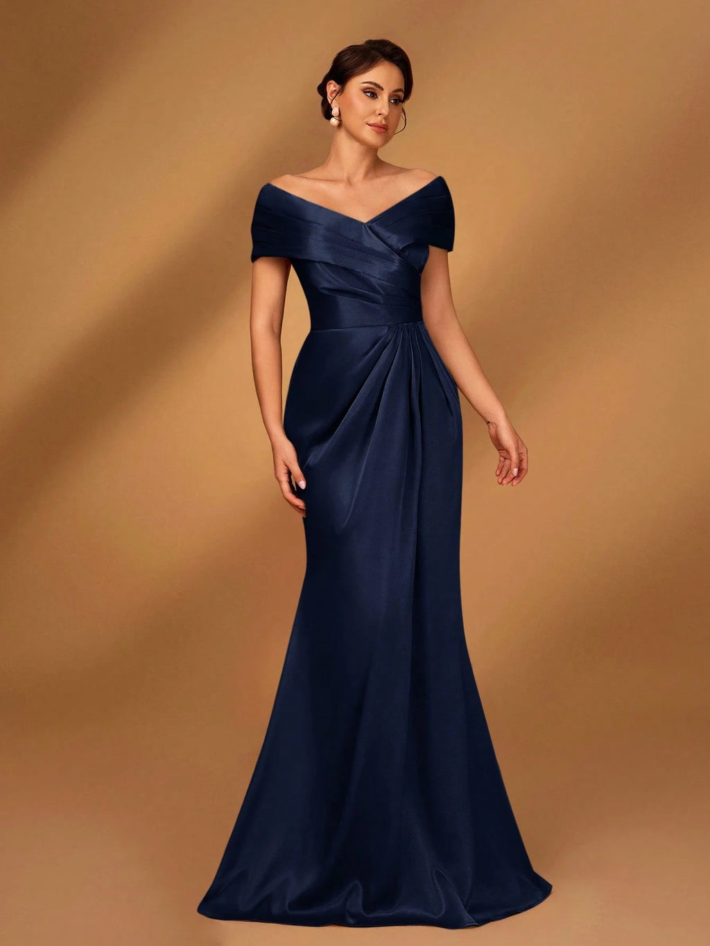 Serin Elegant Brown Winter Formal Evening Wedding Dress,Satin Off-Shoulder Criss-Cross Ruffled Mini Fishtail - image 11