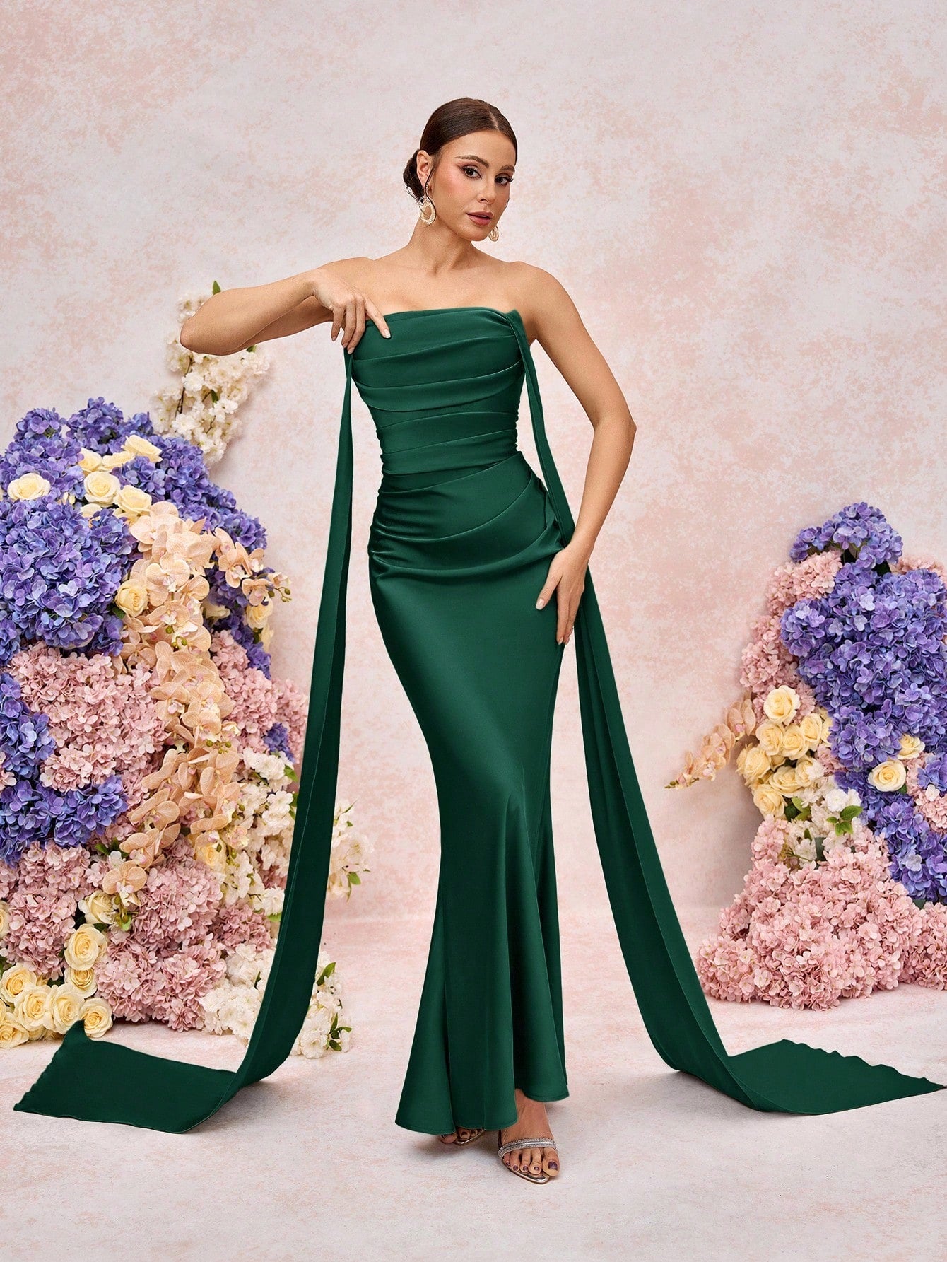 Belle Elegant Romantic Green Woven Matte Flutter Decor Open Shoulder