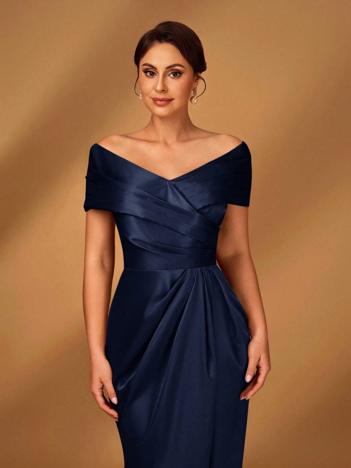 Serin Elegant Brown Winter Formal Evening Wedding Dress,Satin Off-Shoulder Criss-Cross Ruffled Mini Fishtail - image 12