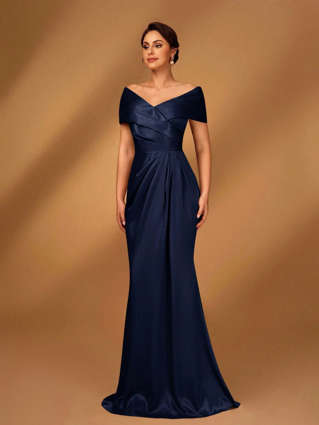Serin Elegant Brown Winter Formal Evening Wedding Dress,Satin Off-Shoulder Criss-Cross Ruffled Mini Fishtail - image 13