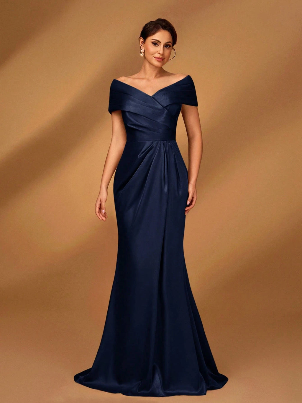 Serin Elegant Brown Winter Formal Evening Wedding Dress,Satin Off-Shoulder Criss-Cross Ruffled Mini Fishtail - image 14