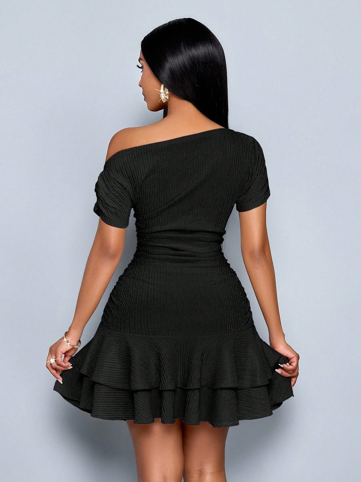 SOLERSUN Women's Elegant Party Date Night Daytime Knitted Asymmetrical Neck Gathered Double Ruffle Mini Dress - image 12