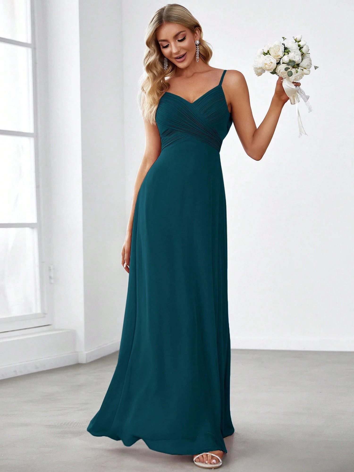 EVERPRETTY Spring Chiffon Spaghetti Strap Backless Pleated Pink