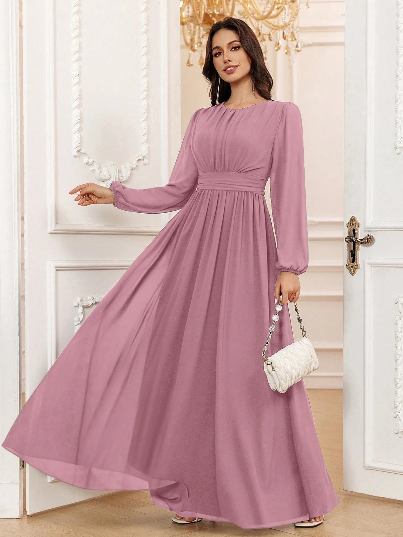Volly Toych Lavender Elegant A-Line Round Neck Long Sleeve