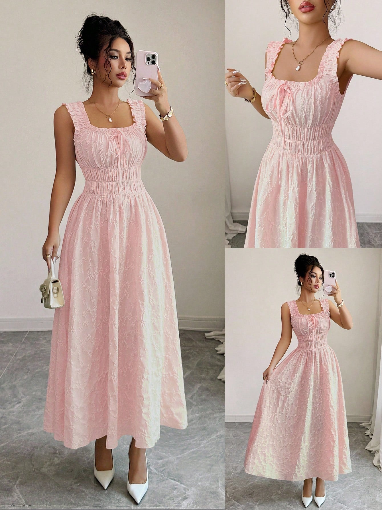 Elenzga New Woven Texture Floral Fabric Dress For Women, Spaghetti Strap Bowknot Design Waist Gathering - image 18
