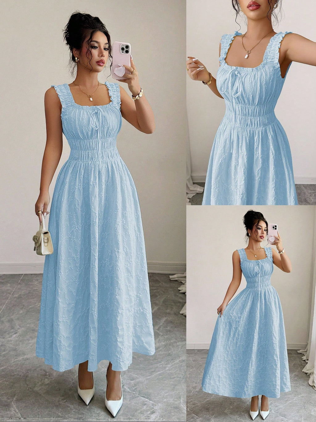 Elenzga New Woven Texture Floral Fabric Dress For Women, Spaghetti Strap Bowknot Design Waist Gathering