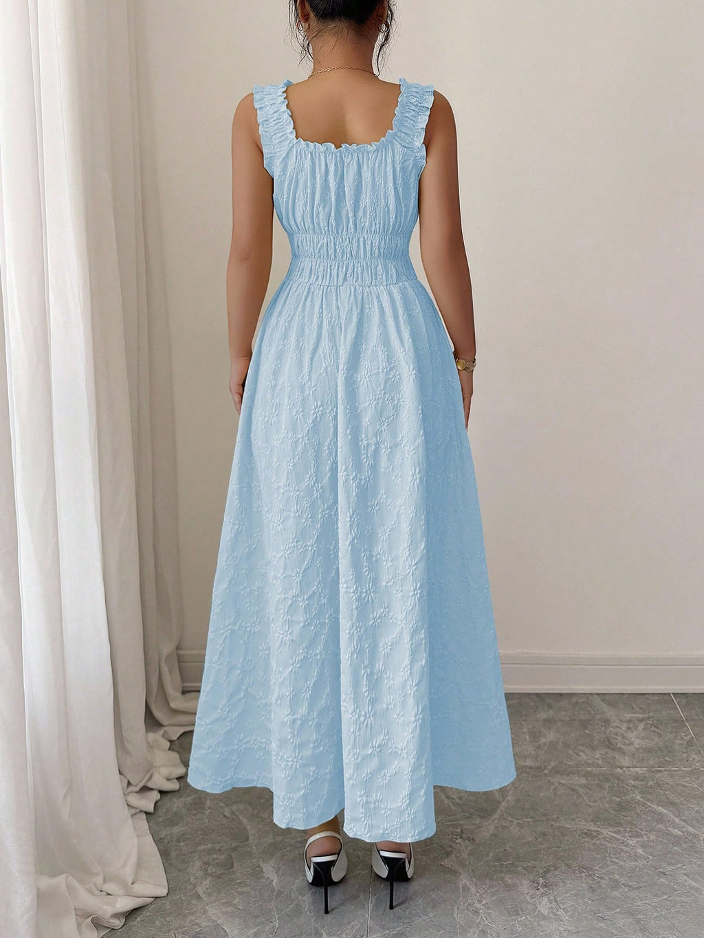 Elenzga New Woven Texture Floral Fabric Dress For Women, Spaghetti Strap Bowknot Design Waist Gathering - image 2