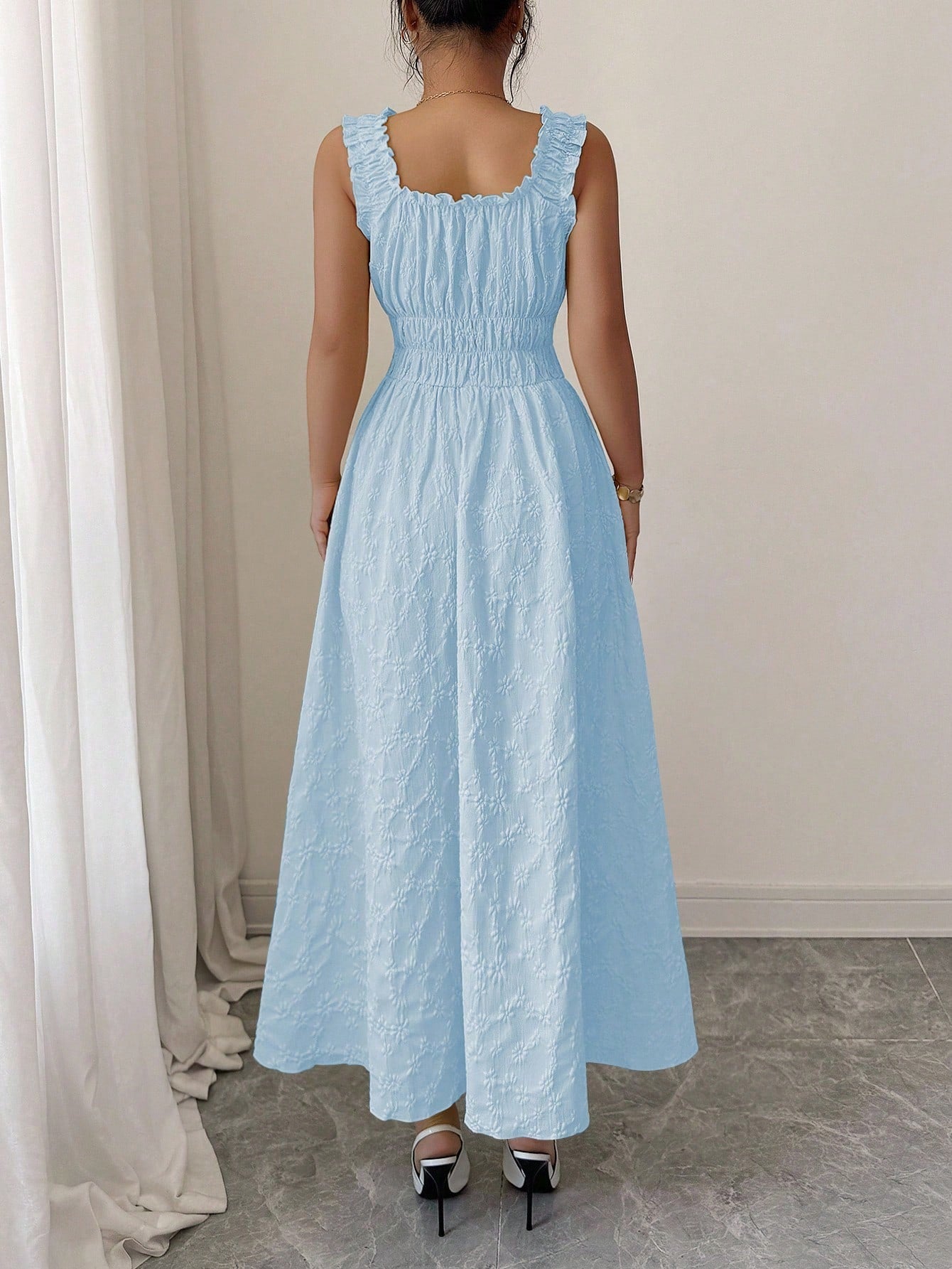 Elenzga New Woven Texture Floral Fabric Dress For Women, Spaghetti Strap Bowknot Design Waist Gathering - image 2