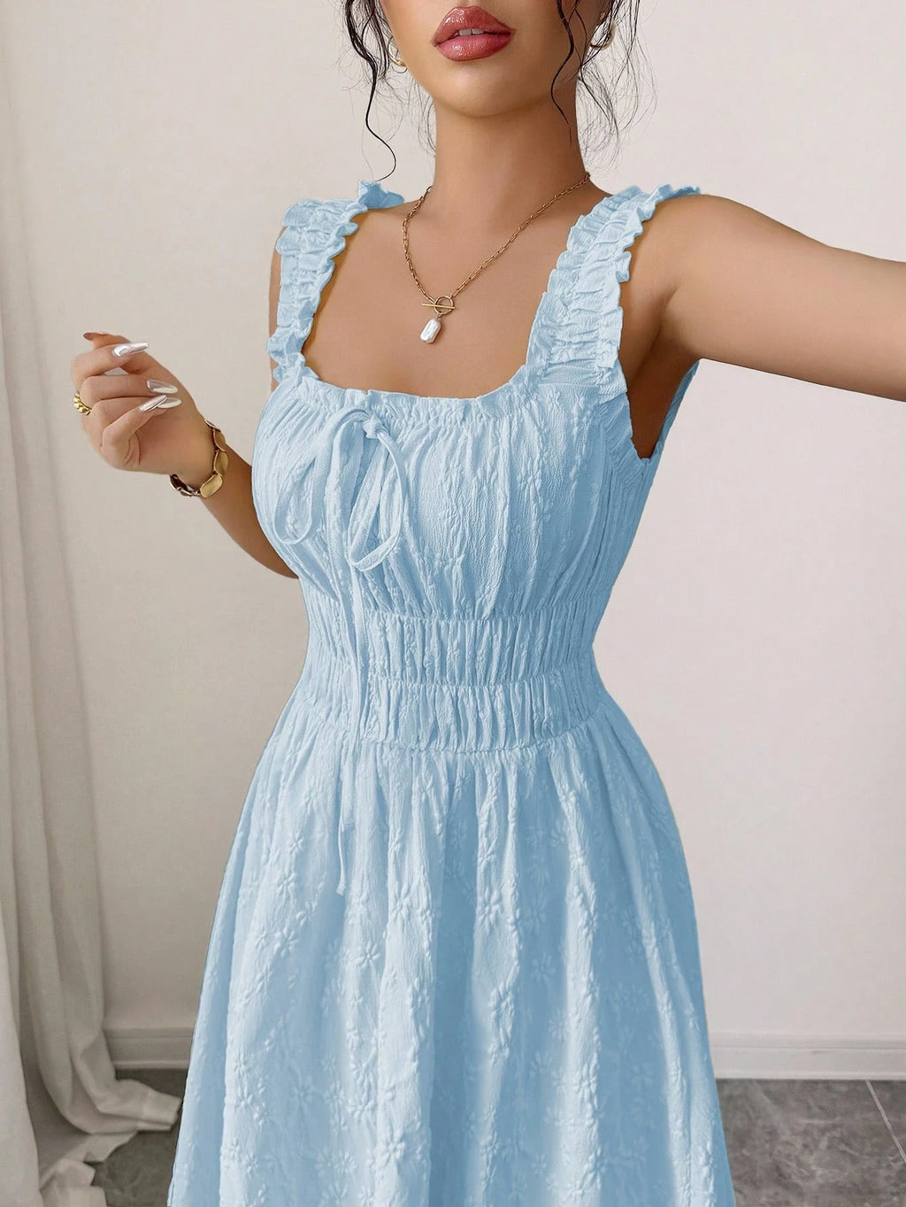 Elenzga New Woven Texture Floral Fabric Dress For Women, Spaghetti Strap Bowknot Design Waist Gathering - image 3