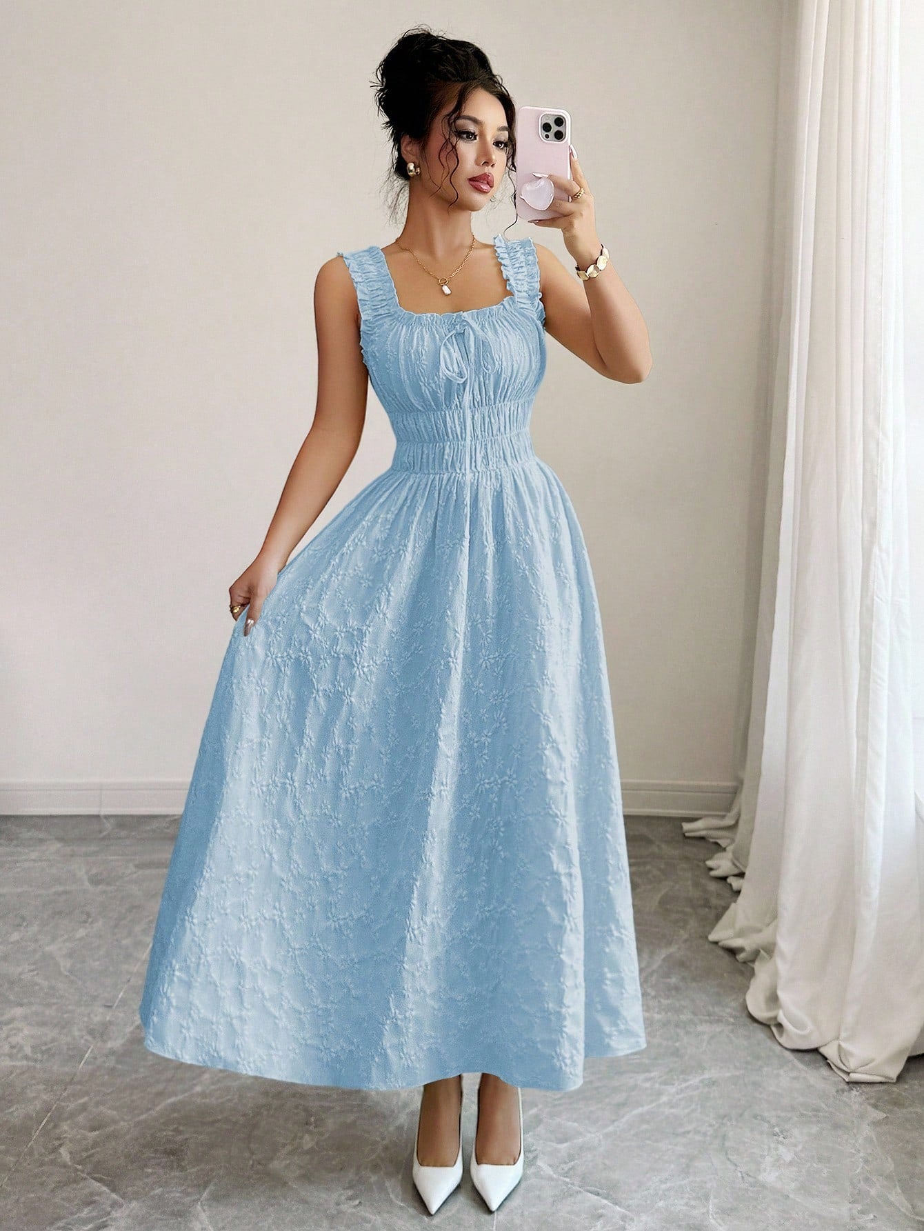 Elenzga New Woven Texture Floral Fabric Dress For Women, Spaghetti Strap Bowknot Design Waist Gathering - image 4
