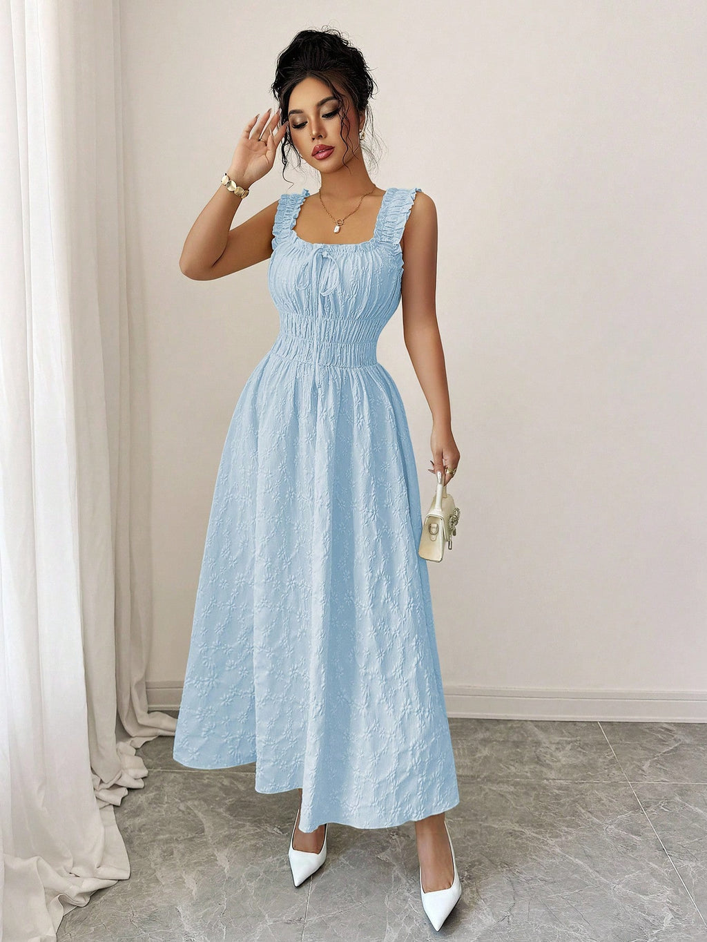 Elenzga New Woven Texture Floral Fabric Dress For Women, Spaghetti Strap Bowknot Design Waist Gathering - image 5