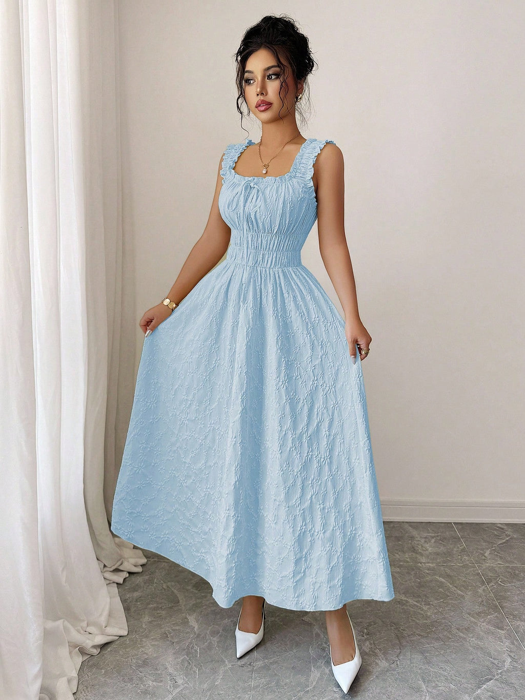 Elenzga New Woven Texture Floral Fabric Dress For Women, Spaghetti Strap Bowknot Design Waist Gathering - image 6