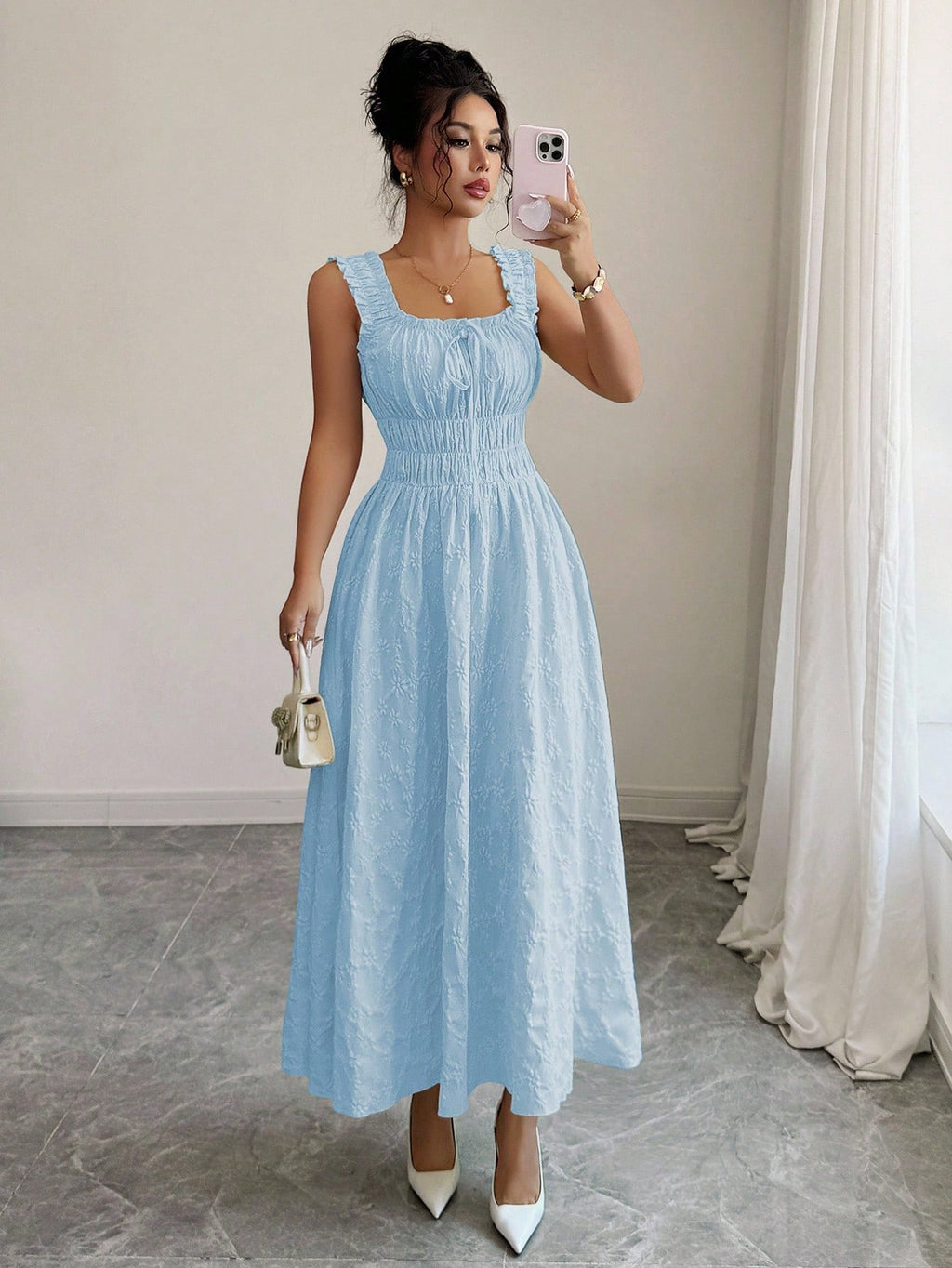 Elenzga New Woven Texture Floral Fabric Dress For Women, Spaghetti Strap Bowknot Design Waist Gathering - image 7