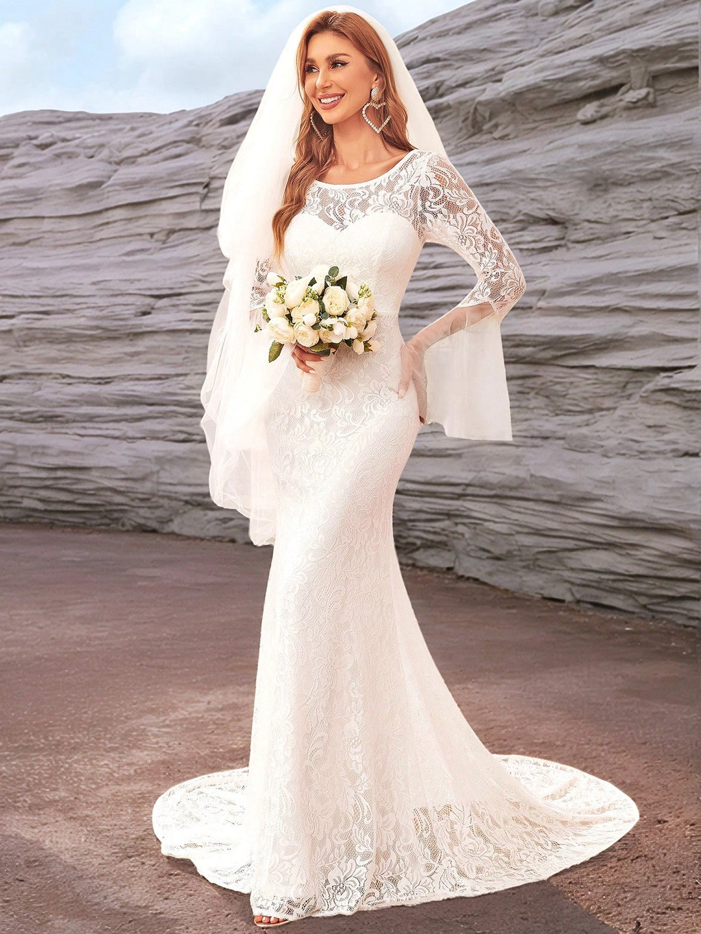 EVERPRETTY Classic Ruffle Sleeve Lace Mermaid Wedding Dress With Train, Suitable For Courthouse Wedding, - image 7