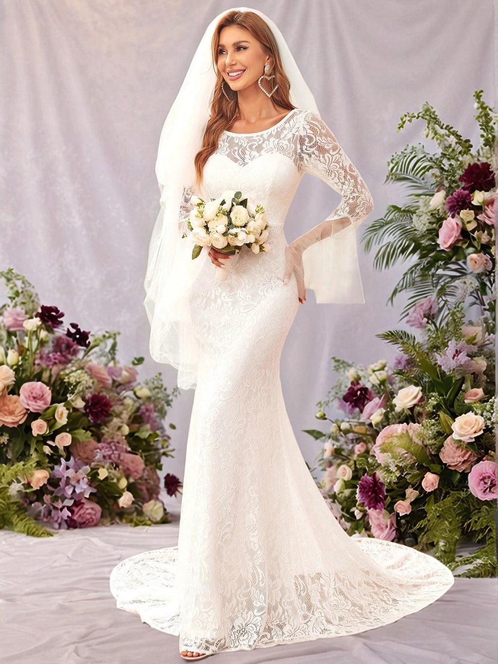 EVERPRETTY Classic Ruffle Sleeve Lace Mermaid Wedding Dress With Train, Suitable For Courthouse Wedding, - image 6