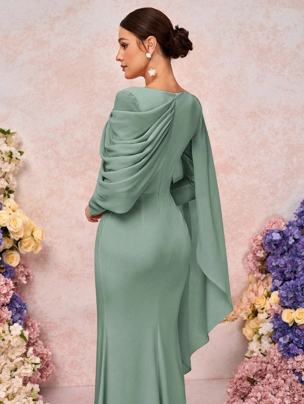 Belle Elegant & Romantic Crew Neck Long Sleeve Pleated Decor Asymmetrical Mermaid Hem Knit Bridesmaid Dress - image 12