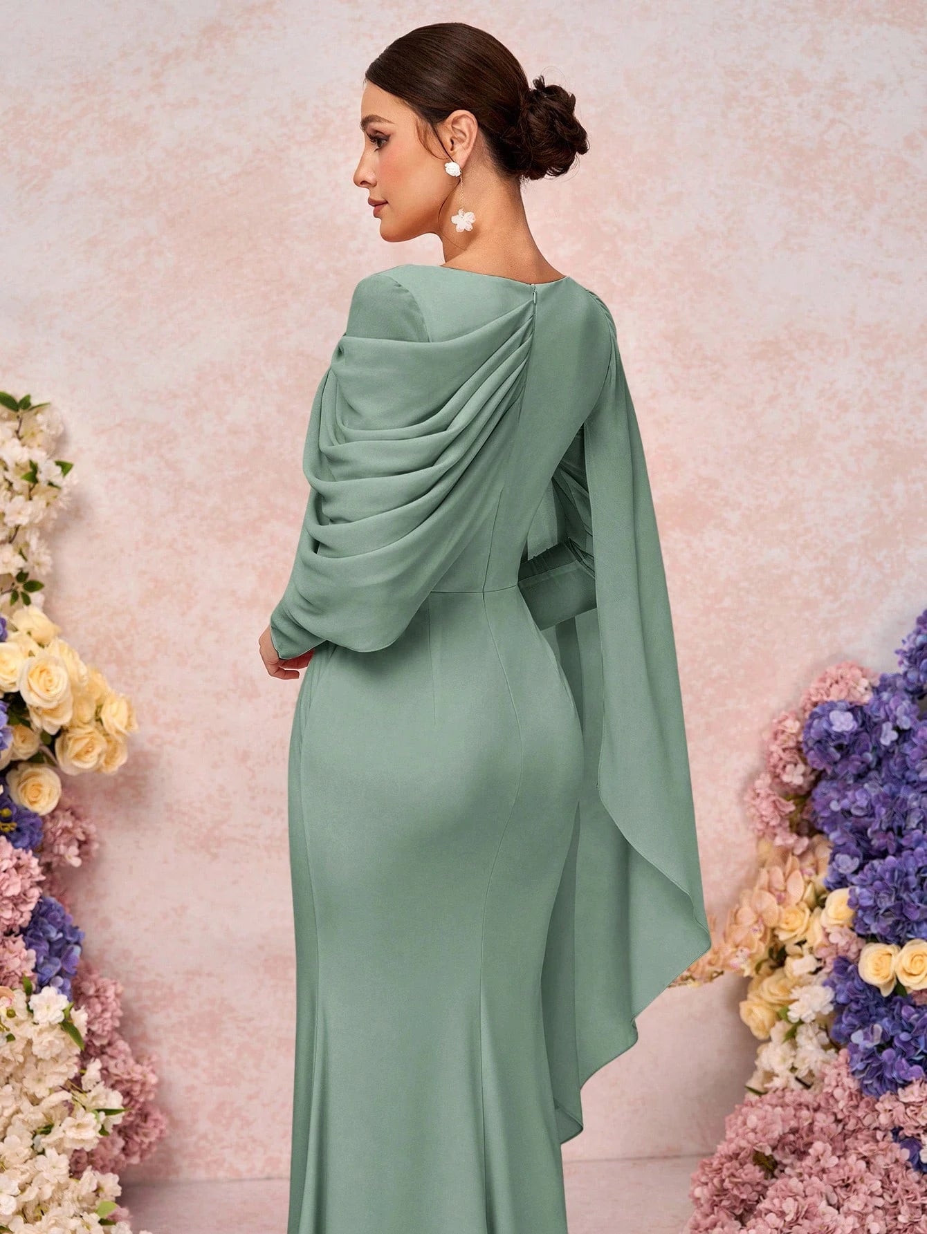 Belle Elegant & Romantic Crew Neck Long Sleeve Pleated Decor Asymmetrical Mermaid Hem Knit Bridesmaid Dress - image 12