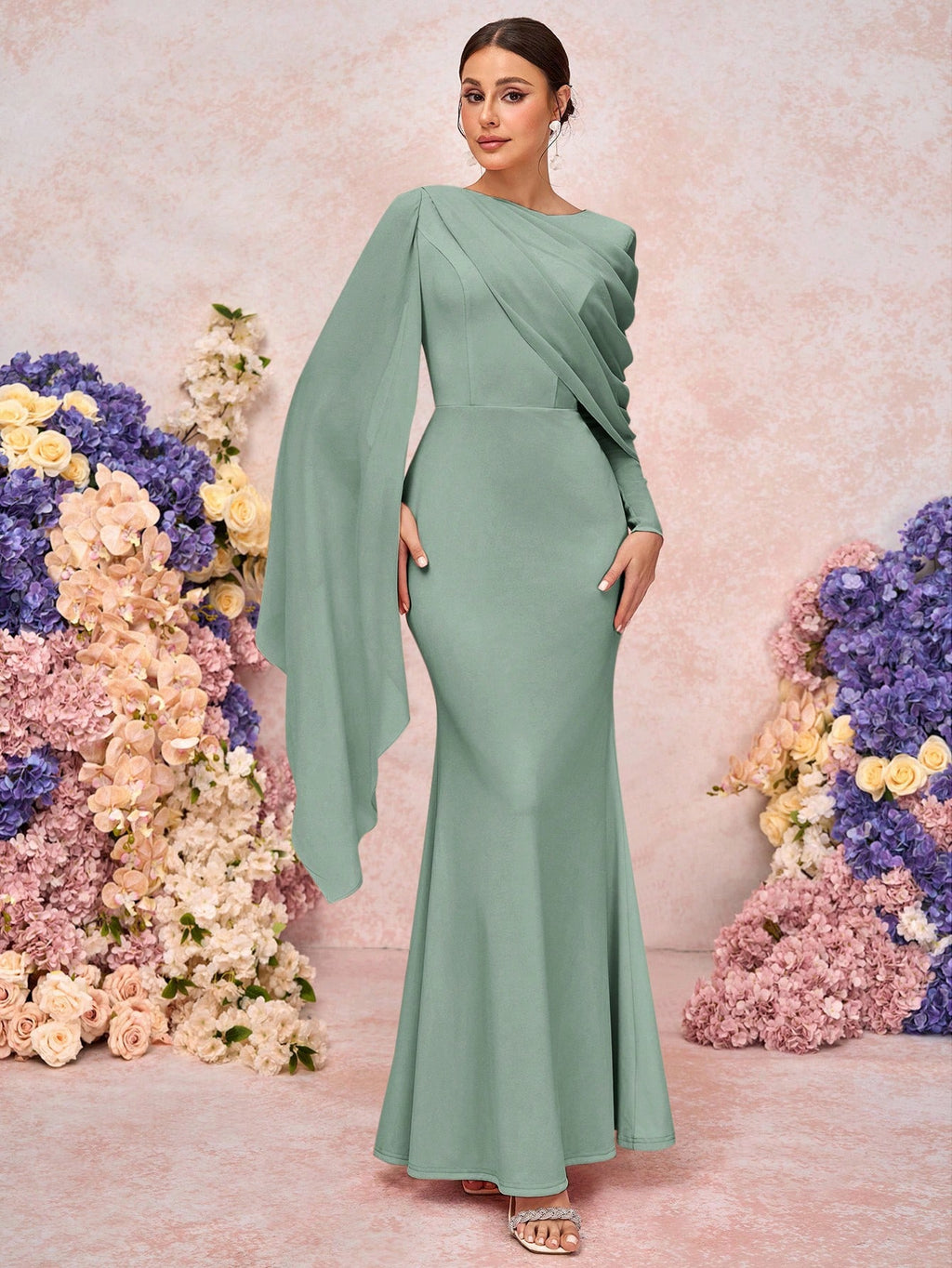 Belle Elegant & Romantic Crew Neck Long Sleeve Pleated Decor Asymmetrical Mermaid Hem Knit Bridesmaid Dress - image 13