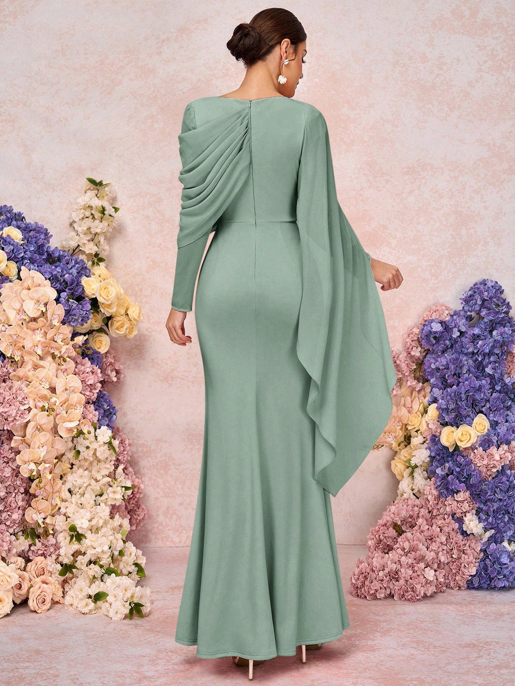 Belle Elegant & Romantic Crew Neck Long Sleeve Pleated Decor Asymmetrical Mermaid Hem Knit Bridesmaid Dress - image 14