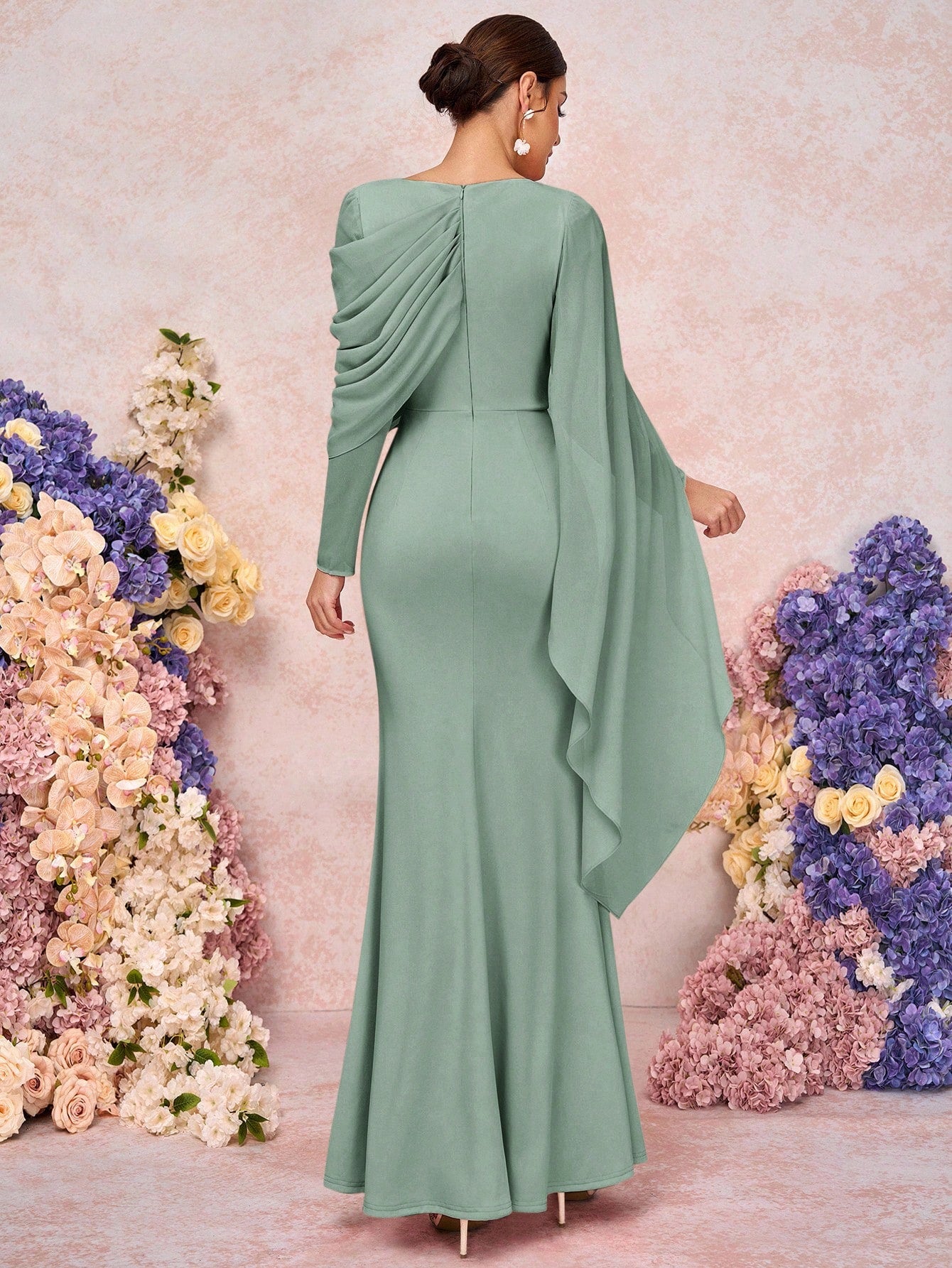 Belle Elegant & Romantic Crew Neck Long Sleeve Pleated Decor Asymmetrical Mermaid Hem Knit Bridesmaid Dress - image 14